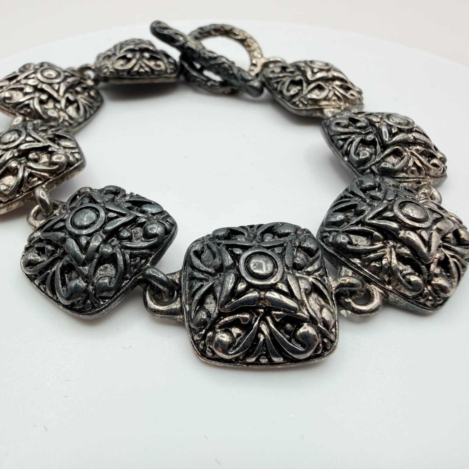 Vintage Silver Tone Chunky Square Link Bracelet Ornate Scroll Filigree Boho 90s - Thumbnail 6