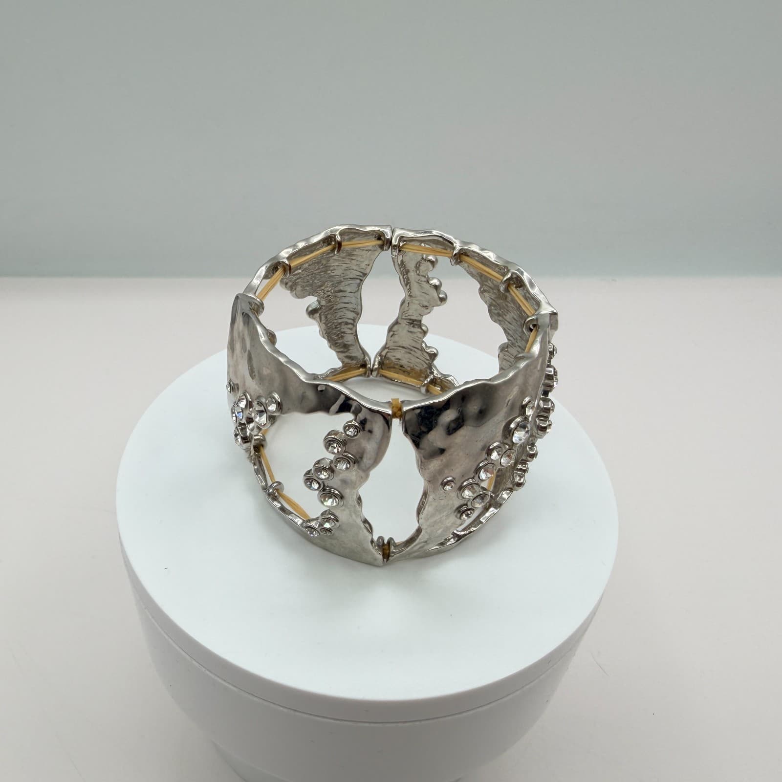 Vintage Silver Tone Chunky Cuff Bracelet Cutout Hammered Rhinestone Statement - Thumbnail 7