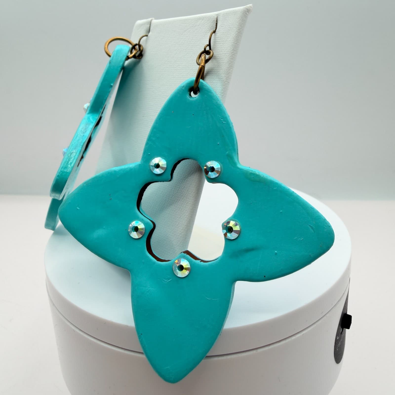 Vintage Bronze Tone Polymer Clay Drop Dangle Earrings Lot 2 Pairs Teal Green 90s - Thumbnail 4