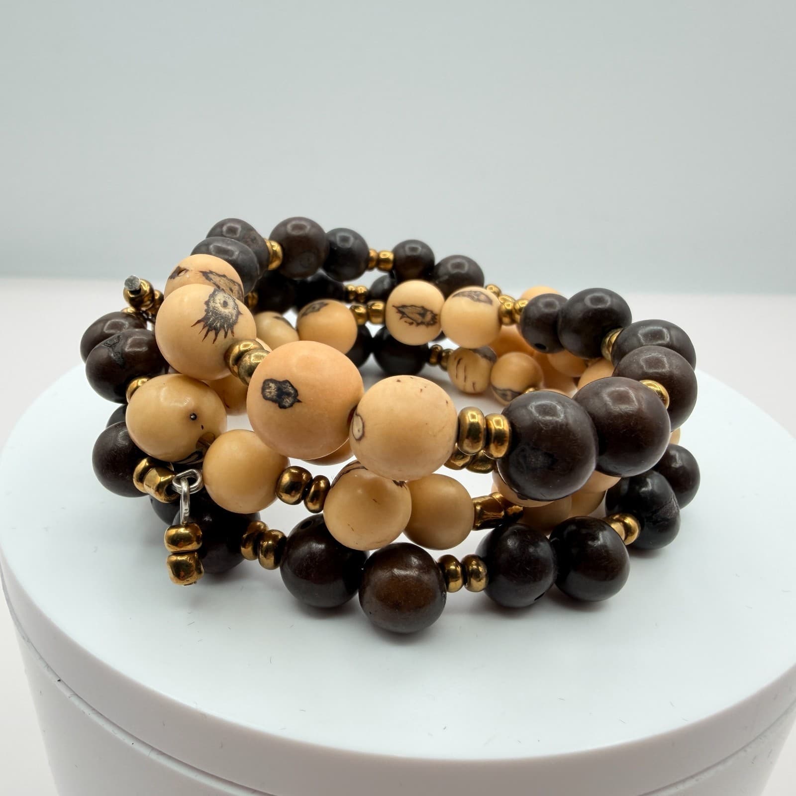 Vintage Multi Layer Wrap Bead Bracelet Brown Cream Wooden Seed Spacer Boho 90s - Thumbnail 7