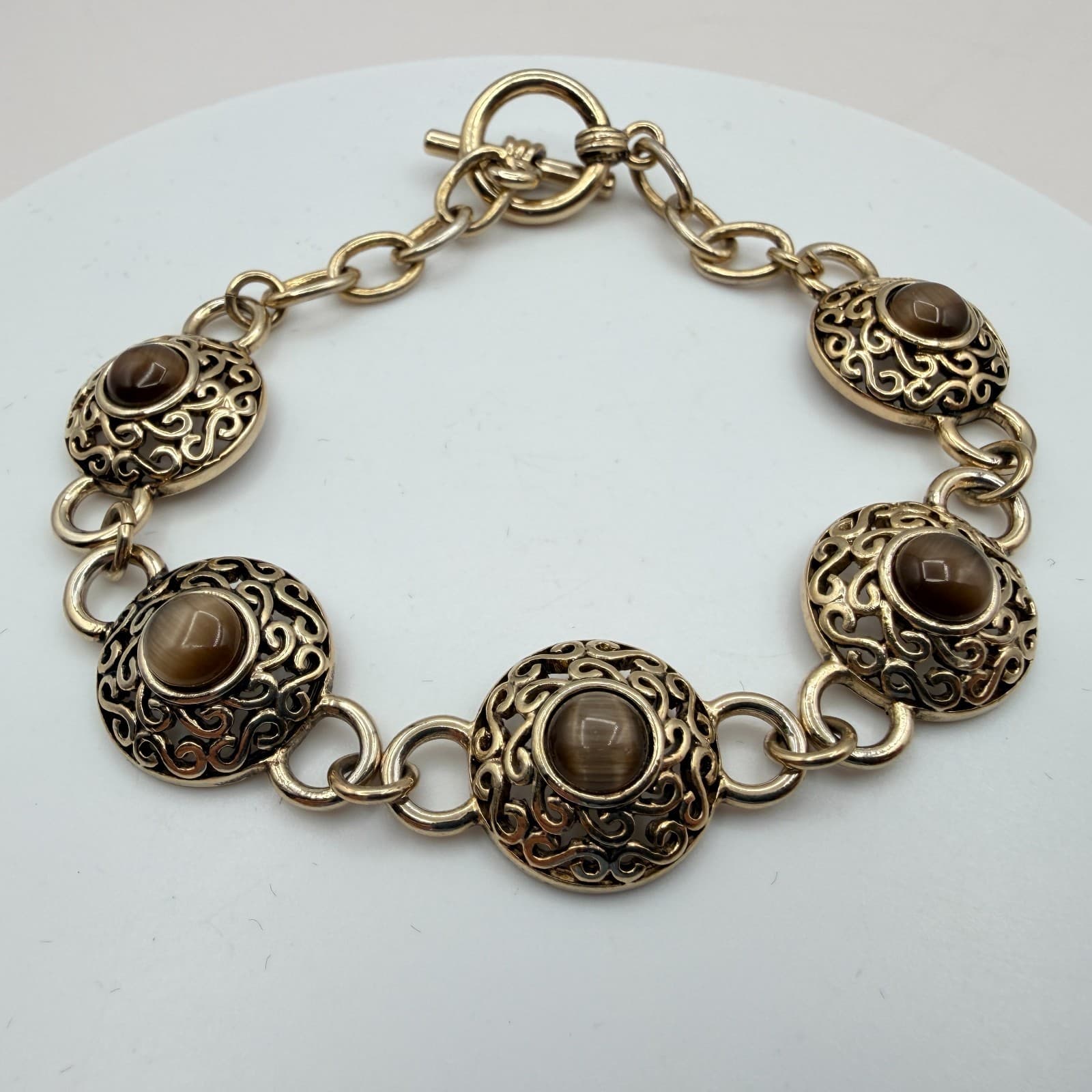 Vintage Gold Tone Chunky Medallion Link Bracelet Cat Eye Stone Brown Boho Y2K - Thumbnail 5