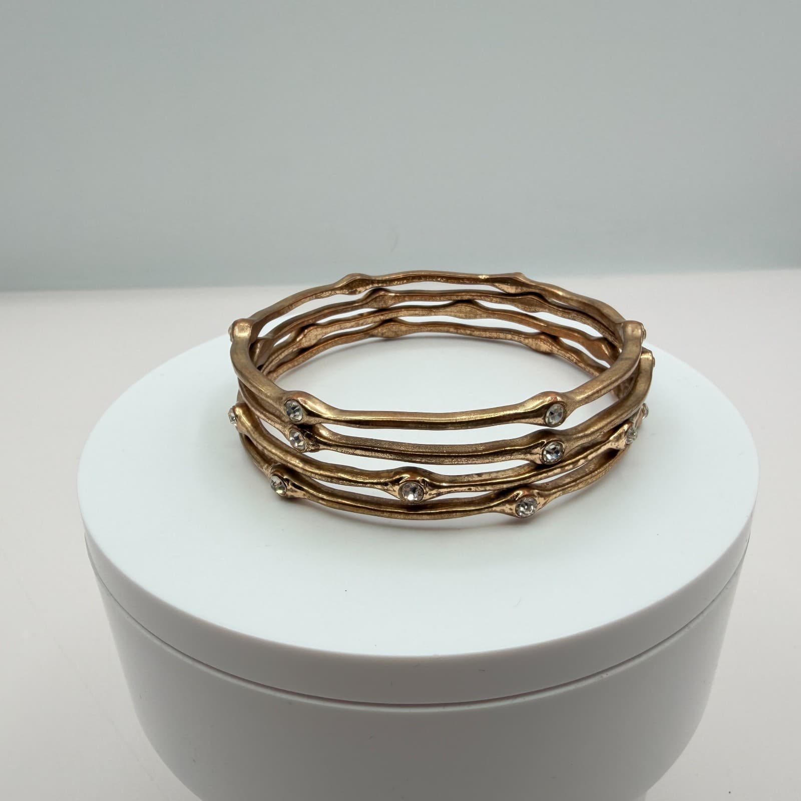 Vintage Gold Tone Textured Wavy Bangle Bracelet Lot 4pc Rhinestone Organic Stack - Thumbnail 5