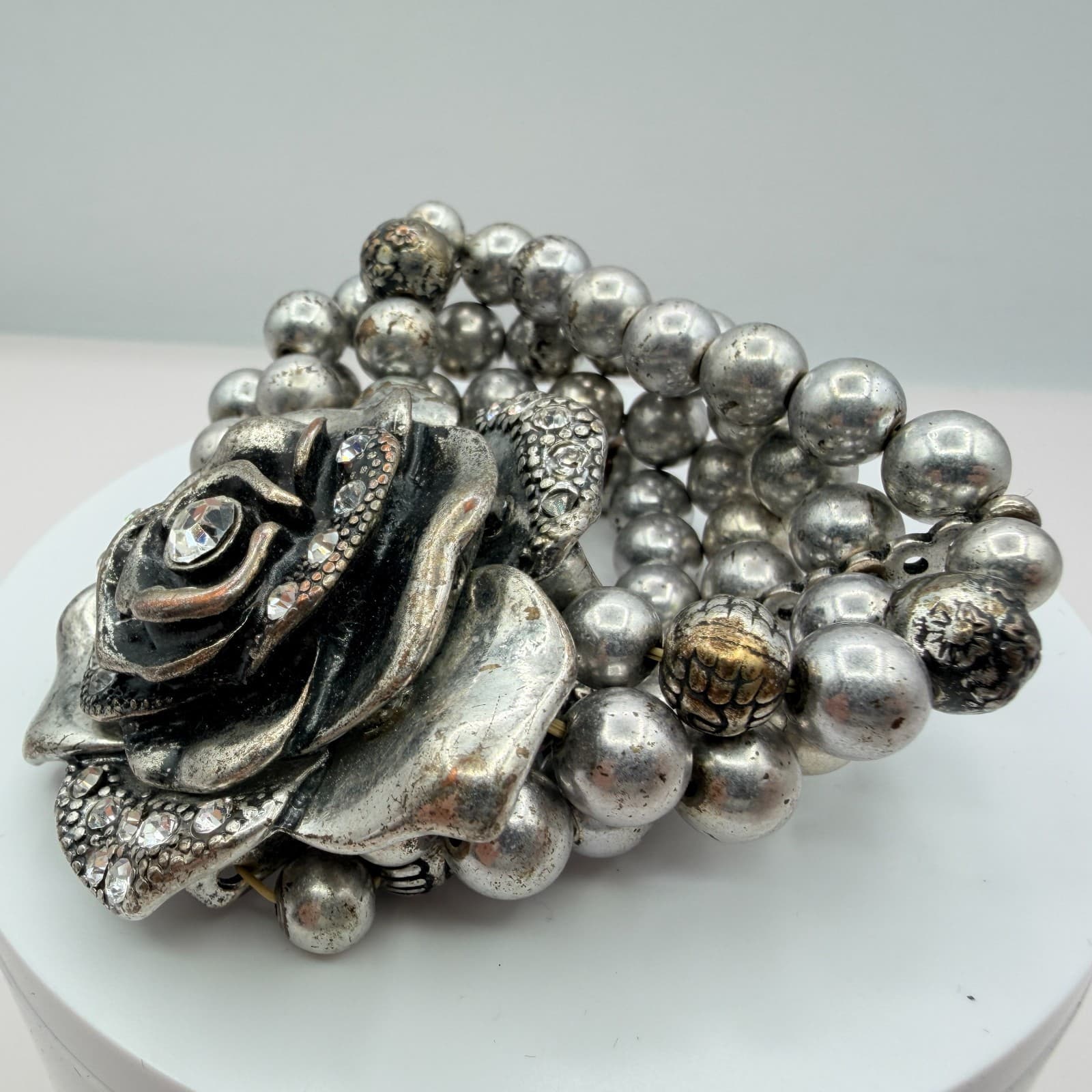 Vintage Silver Tone Chunky Stretch Bead Bracelet Large Rhinestone Rose Flower - Thumbnail 5
