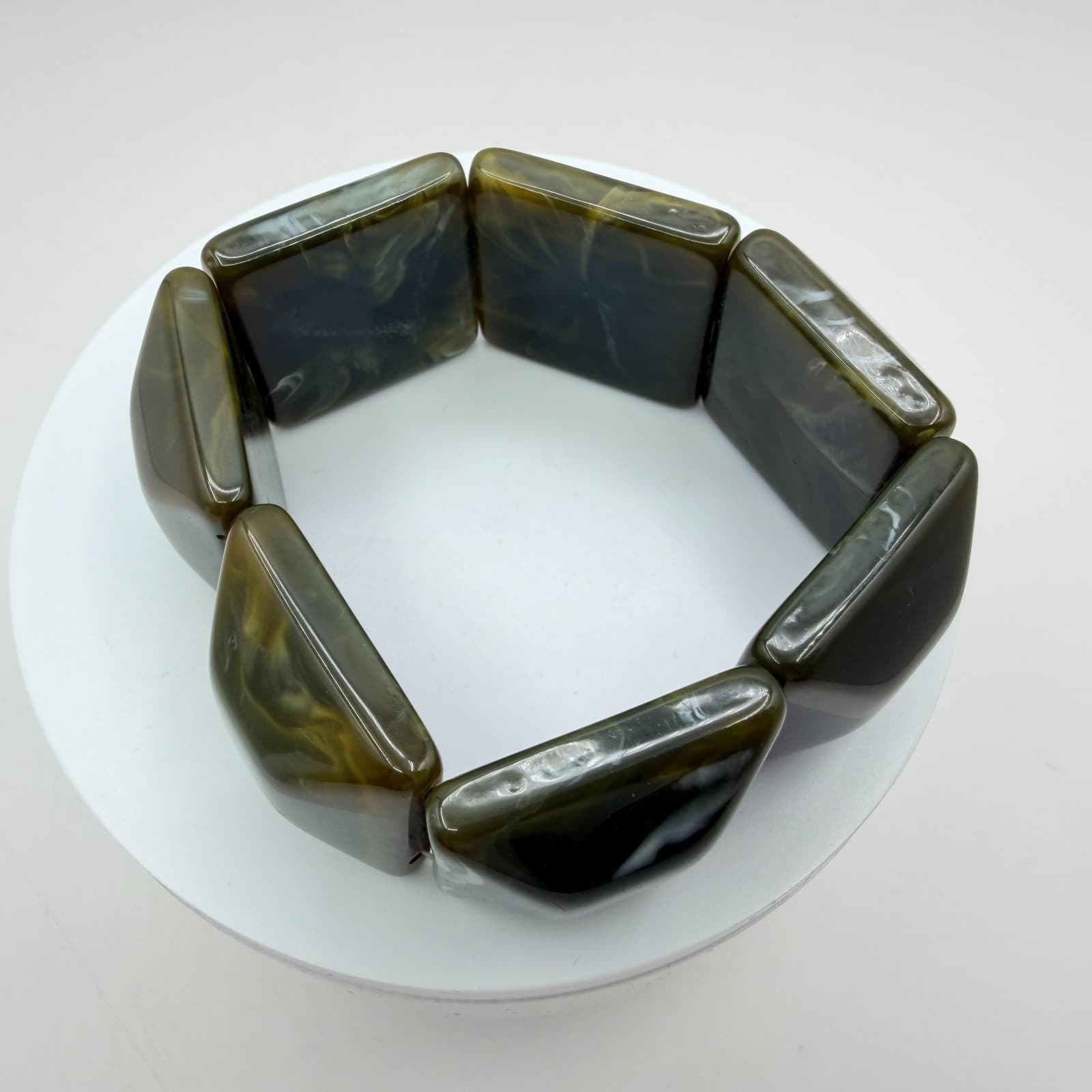 Vintage Chunky Square Panel Resin Stretch Bracelet Olive Green Marbled Boho 90s - Thumbnail 4