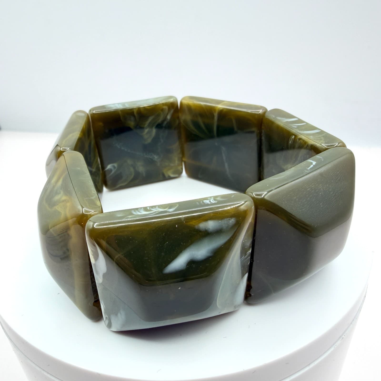 Vintage Chunky Square Panel Resin Stretch Bracelet Olive Green Marbled Boho 90s