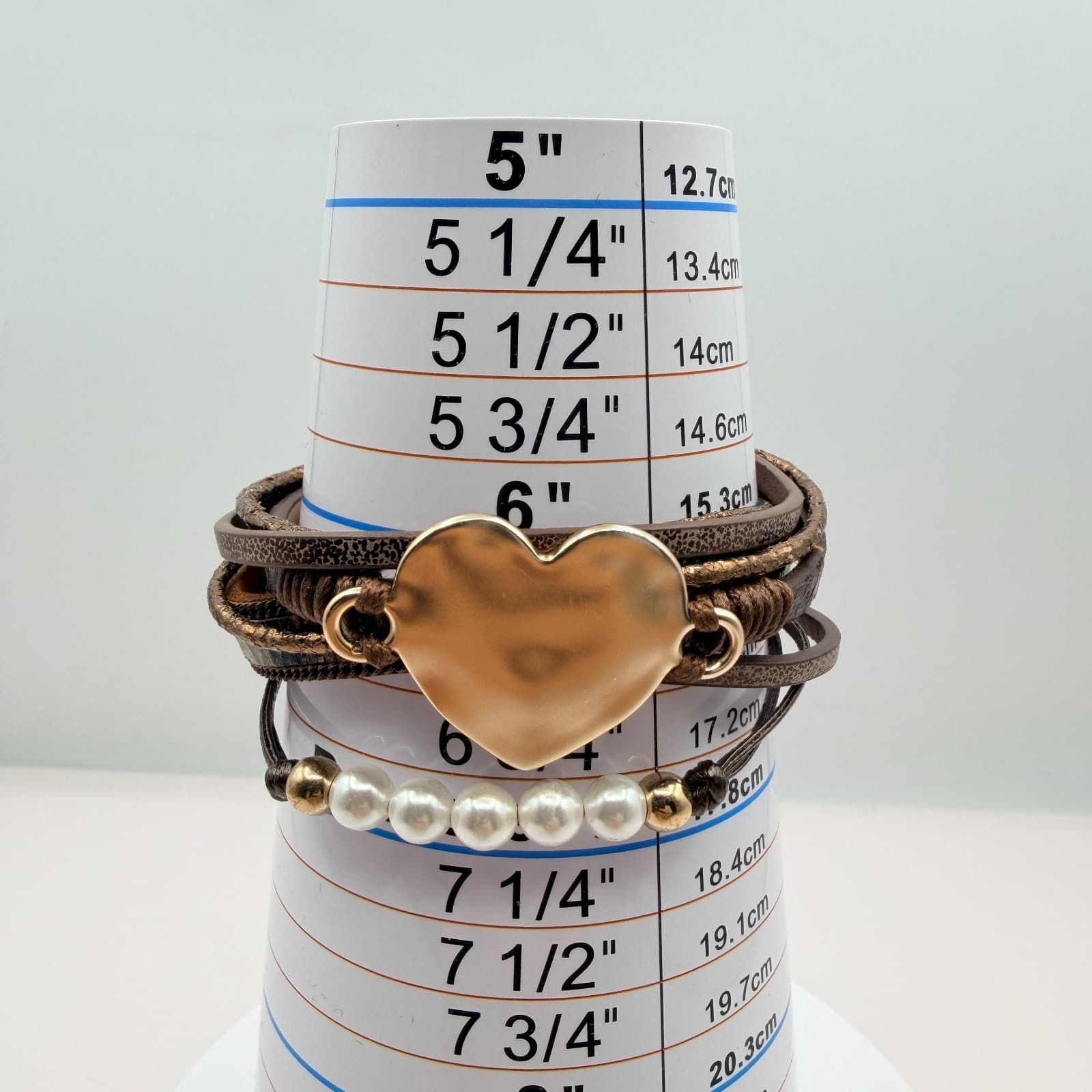 Modern Rose Gold Tone Multi Strand Leather Wrap Bracelet Heart Faux Pearl Boho - Thumbnail 8