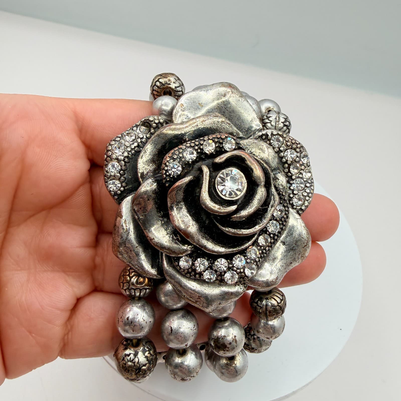 Vintage Silver Tone Chunky Stretch Bead Bracelet Large Rhinestone Rose Flower - Thumbnail 8