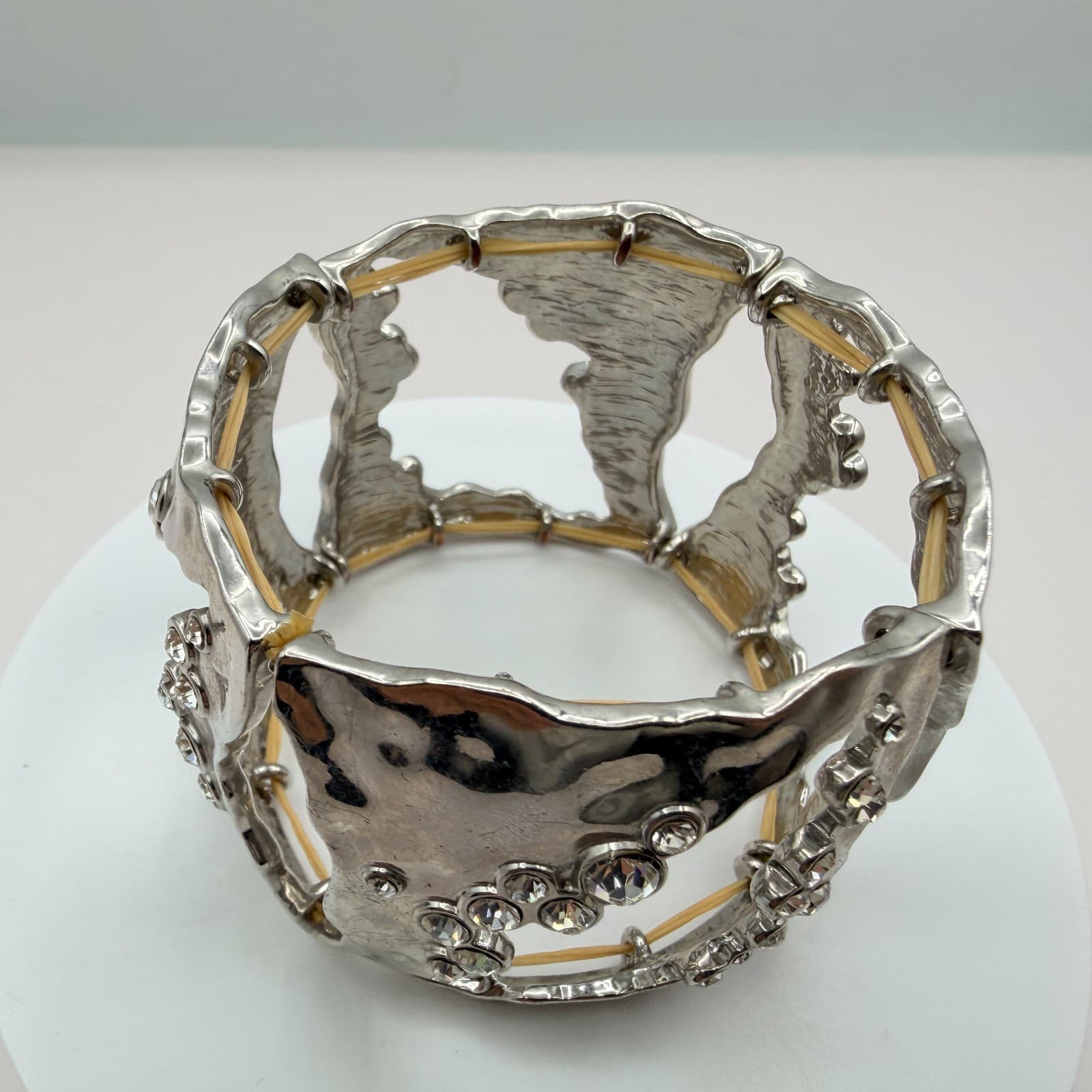Vintage Silver Tone Chunky Cuff Bracelet Cutout Hammered Rhinestone Statement - Thumbnail 3