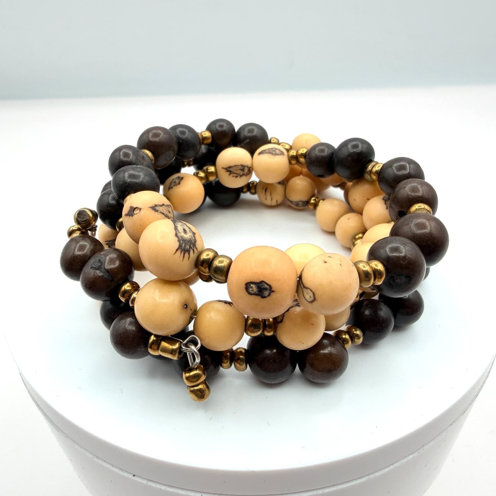 Vintage Multi Layer Wrap Bead Bracelet Brown Cream Wooden Seed Spacer Boho 90s