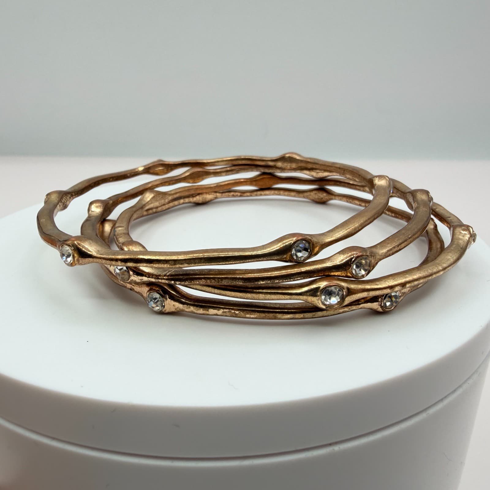 Vintage Gold Tone Textured Wavy Bangle Bracelet Lot 4pc Rhinestone Organic Stack - Thumbnail 7