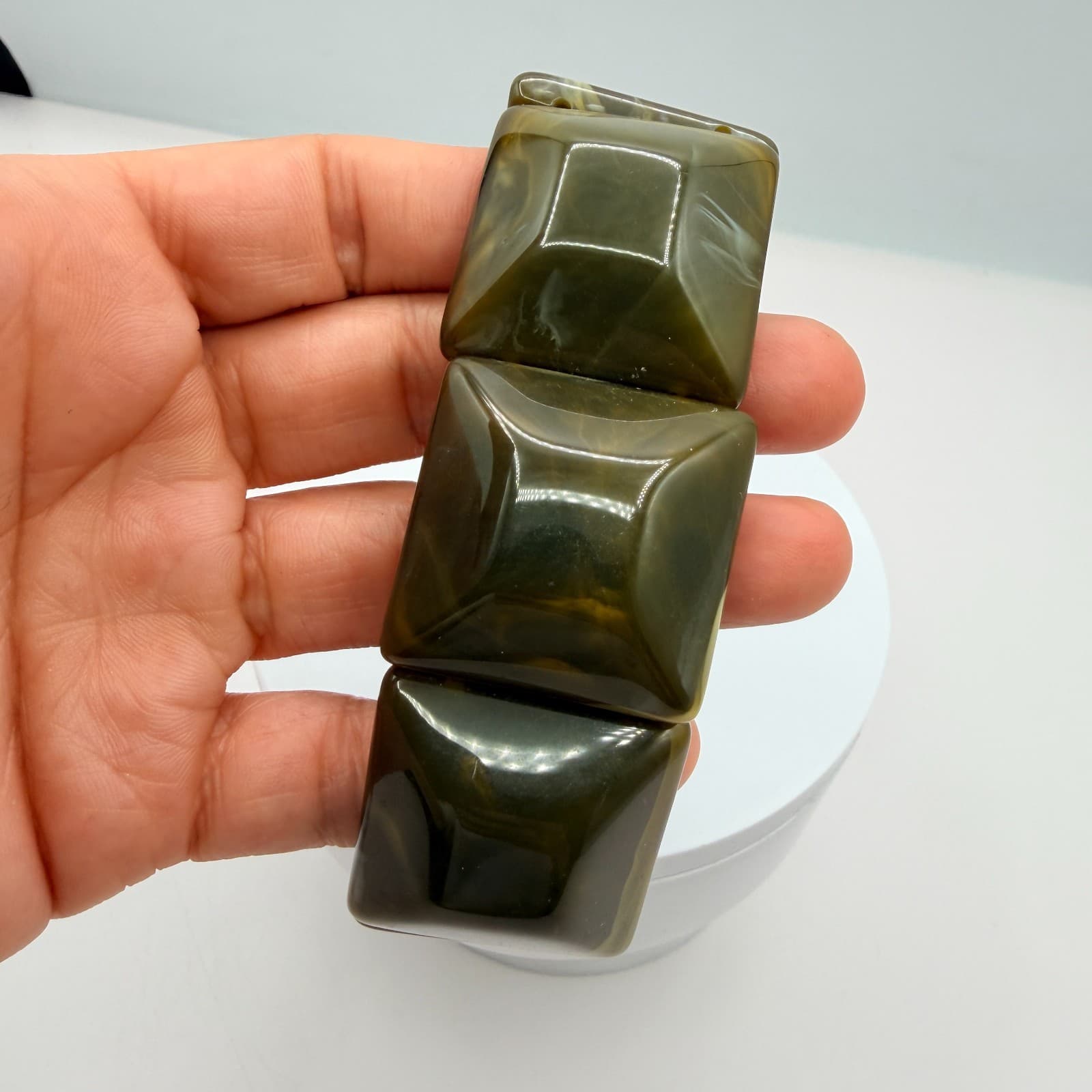 Vintage Chunky Square Panel Resin Stretch Bracelet Olive Green Marbled Boho 90s - Thumbnail 7