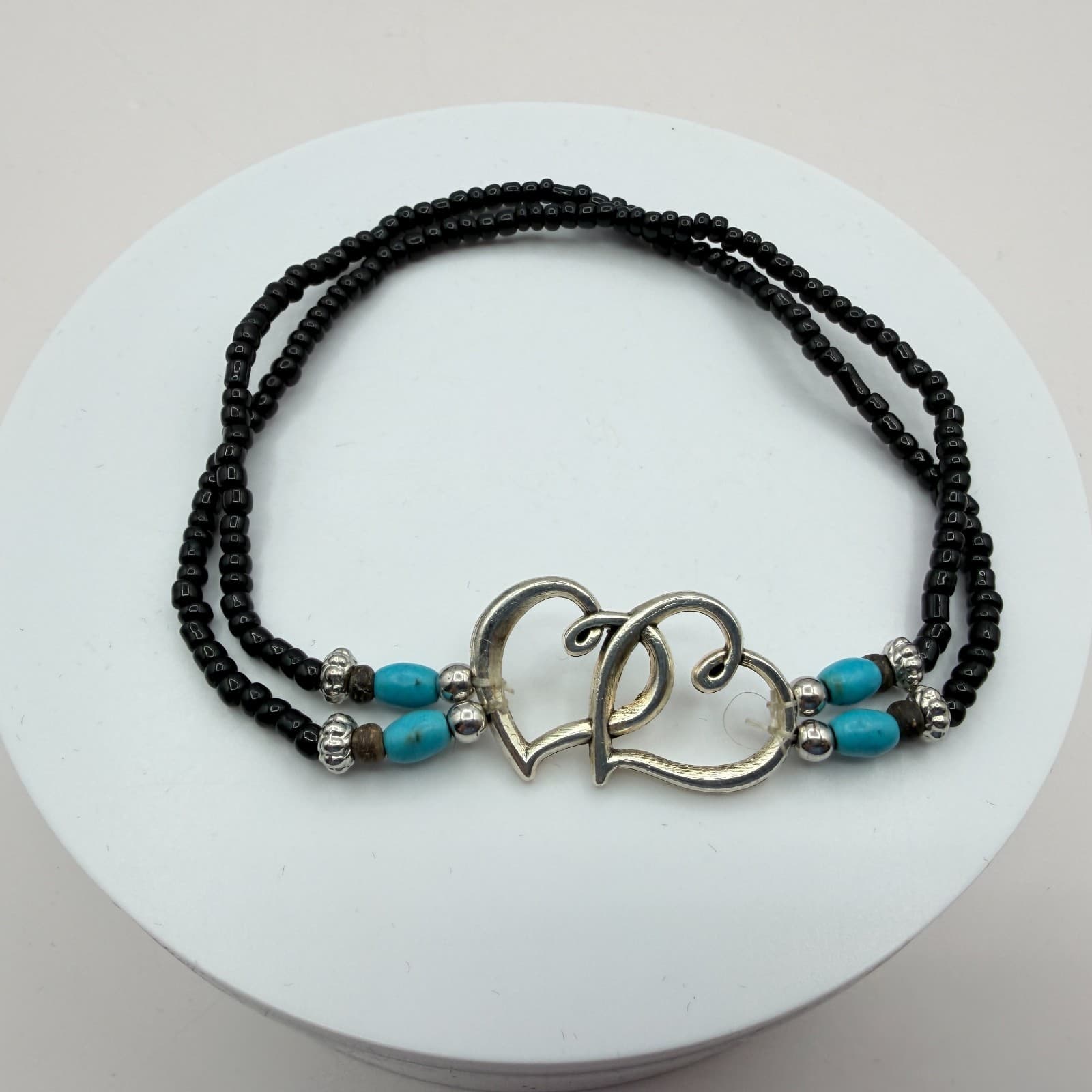 Vintage Silver Tone Multi Strand Seed Bead Bracelet Double Heart Turquoise Color - Thumbnail 3