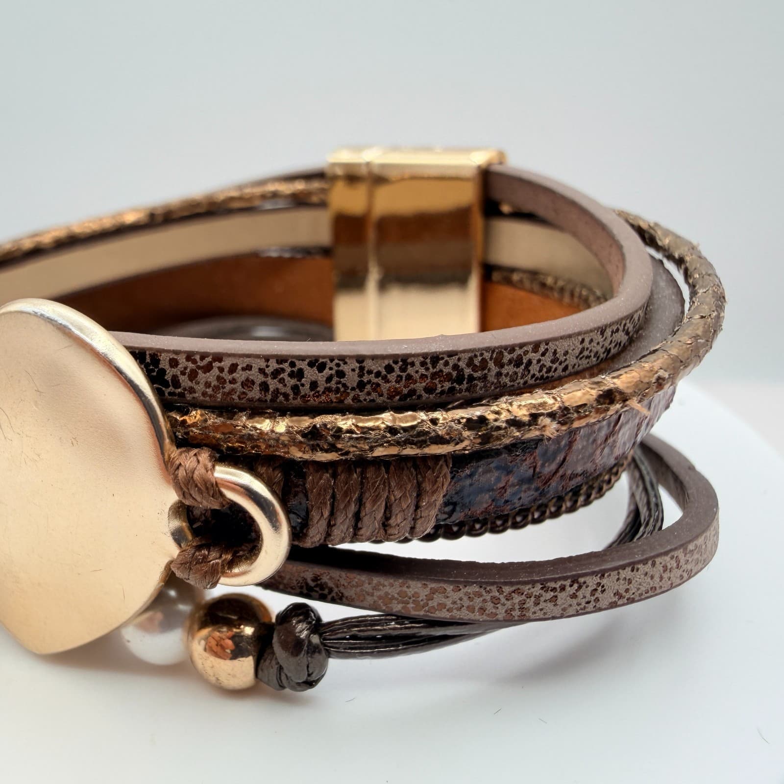 Modern Rose Gold Tone Multi Strand Leather Wrap Bracelet Heart Faux Pearl Boho - Thumbnail 6