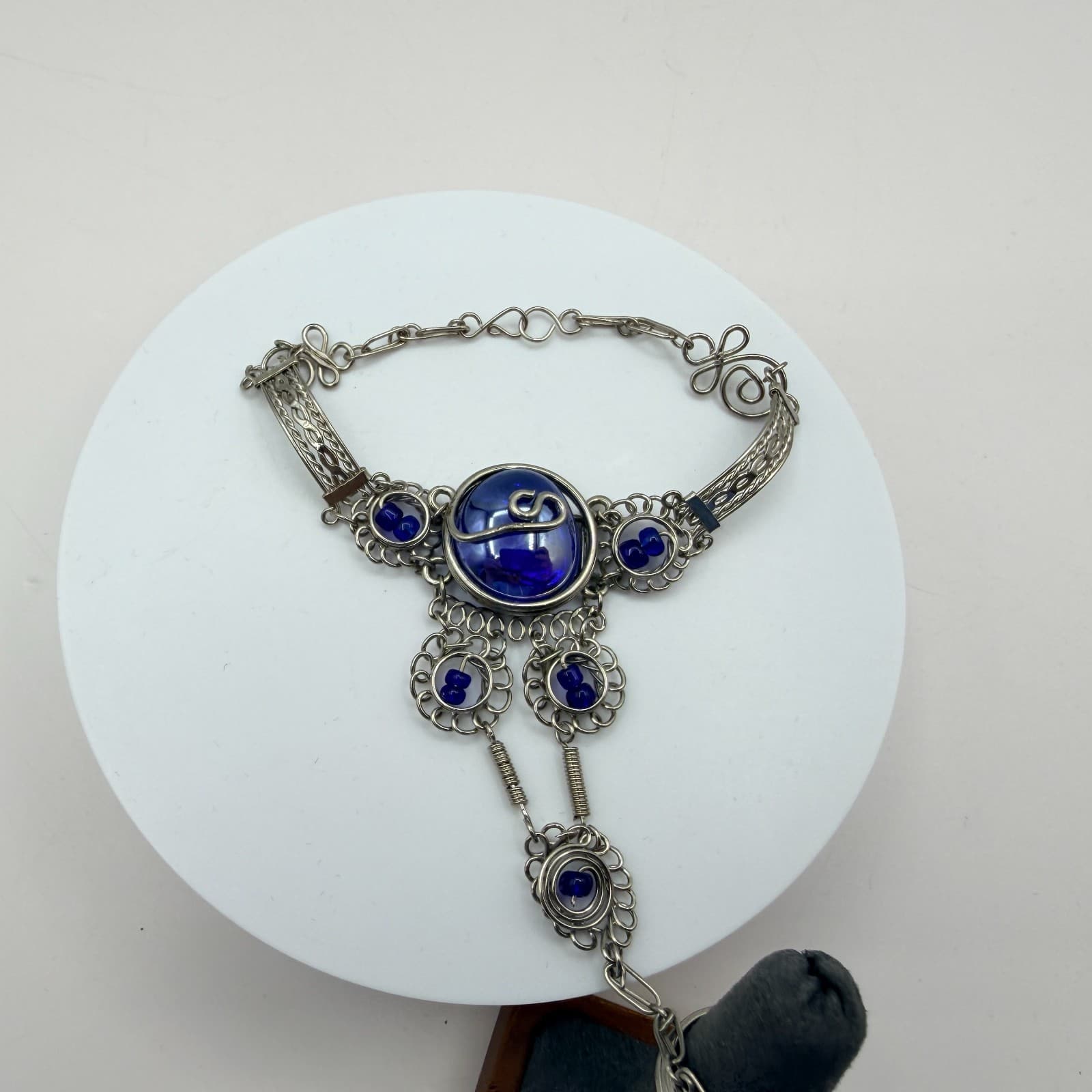Vintage Silver Tone Slave Bracelet Ring Set Blue Cabochon Stone Boho Filigree - Thumbnail 5