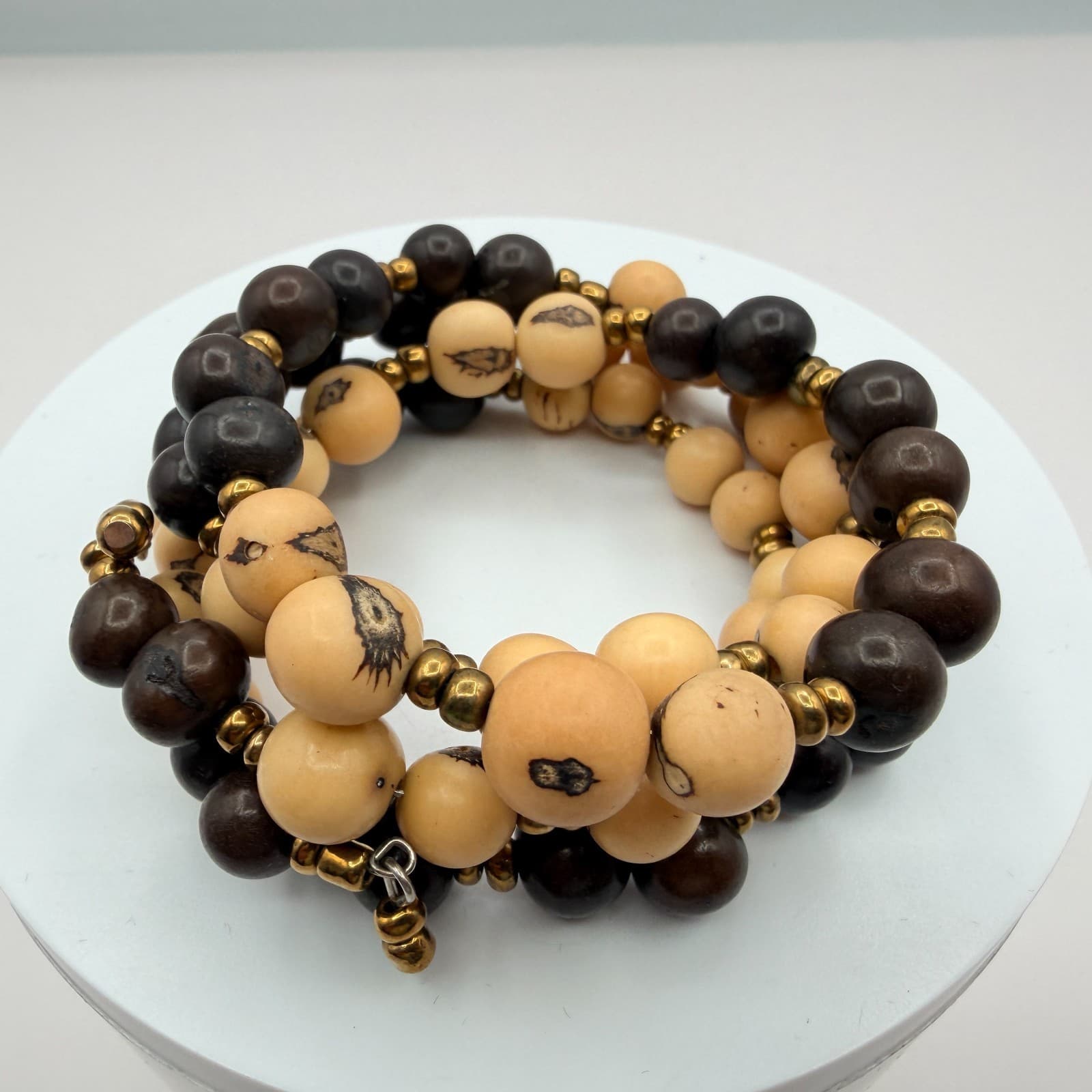 Vintage Multi Layer Wrap Bead Bracelet Brown Cream Wooden Seed Spacer Boho 90s - Thumbnail 3