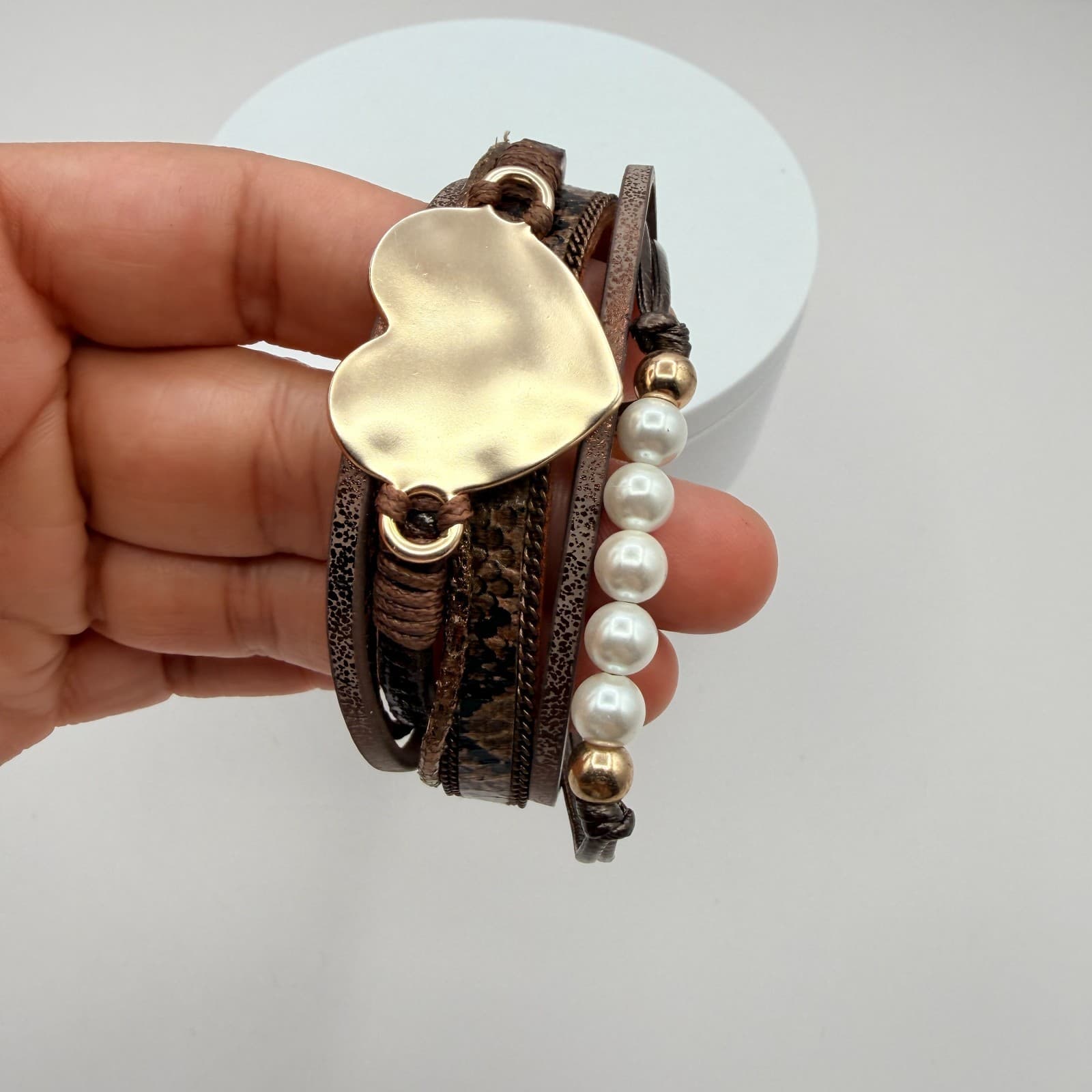 Modern Rose Gold Tone Multi Strand Leather Wrap Bracelet Heart Faux Pearl Boho - Thumbnail 7