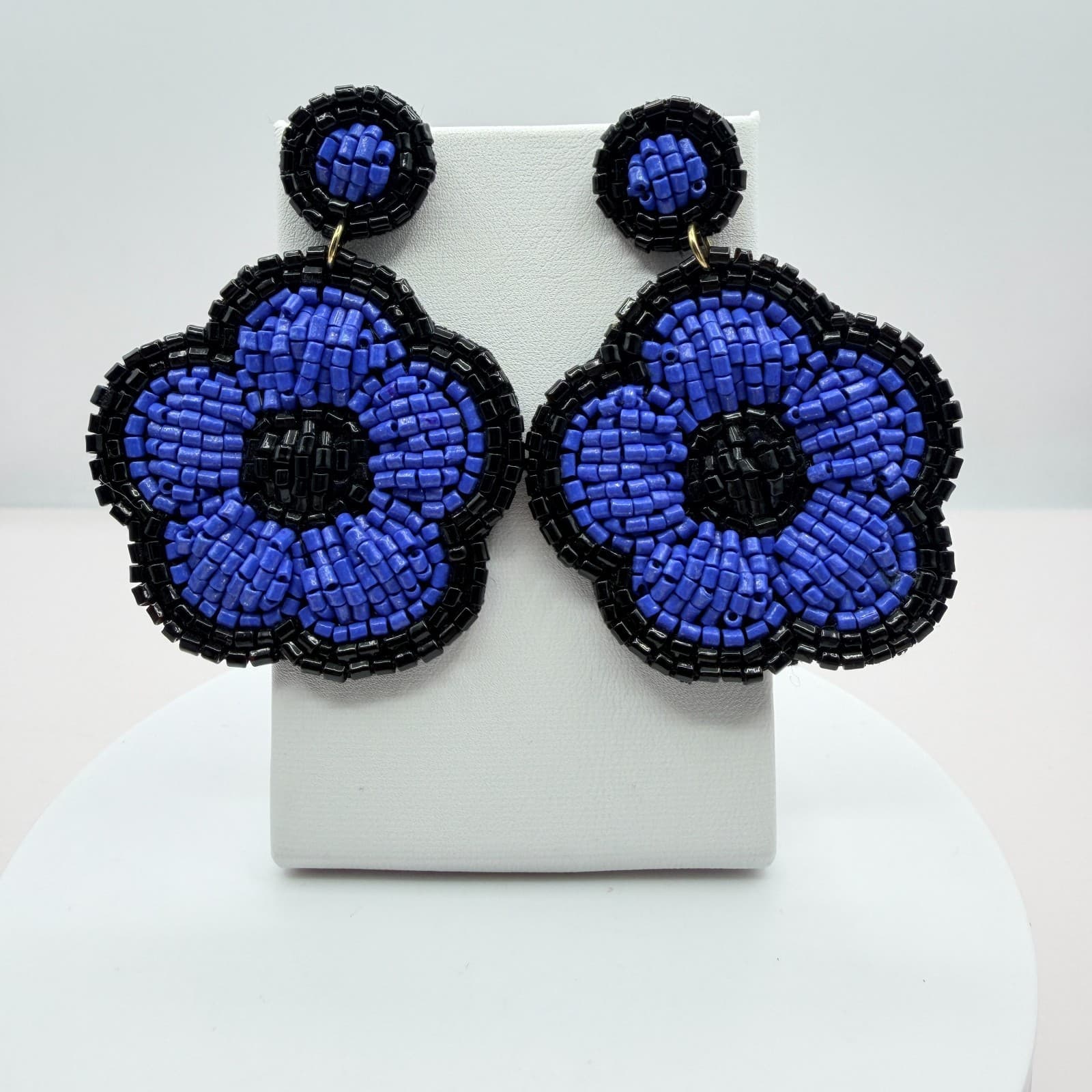 Vintage Beaded Flower Drop Earrings Lot 2 Pairs Red Blue Black Seed Bead Floral - Thumbnail 4