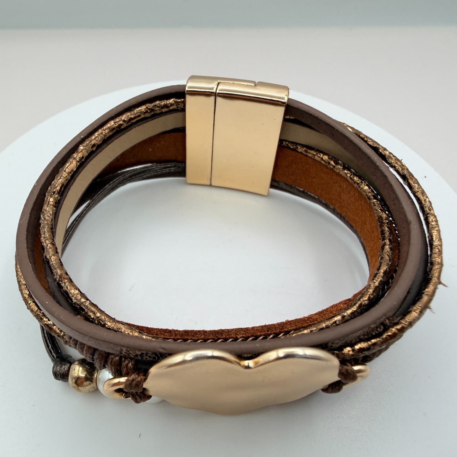Modern Rose Gold Tone Multi Strand Leather Wrap Bracelet Heart Faux Pearl Boho - Thumbnail 3