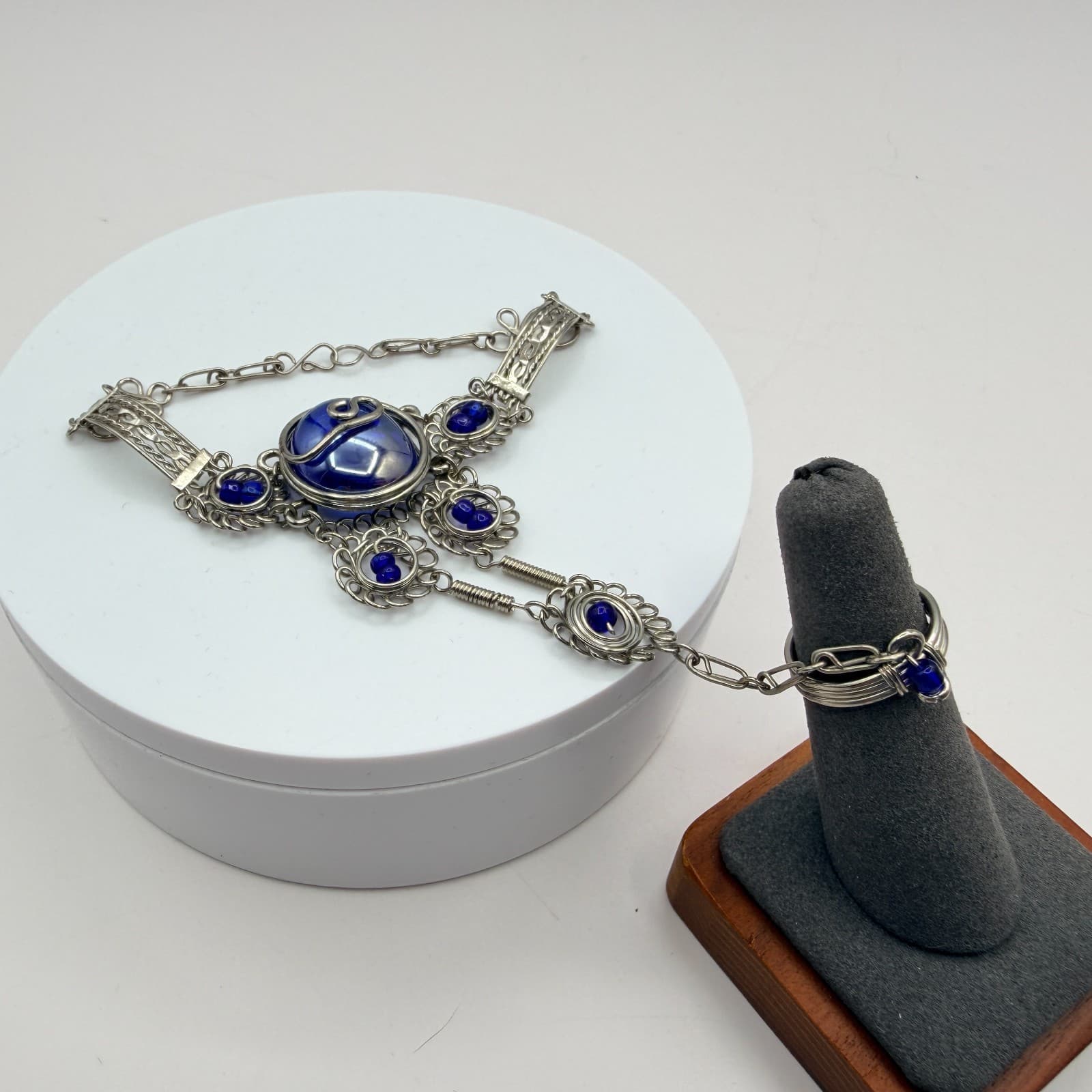 Vintage Silver Tone Slave Bracelet Ring Set Blue Cabochon Stone Boho Filigree - Thumbnail 10