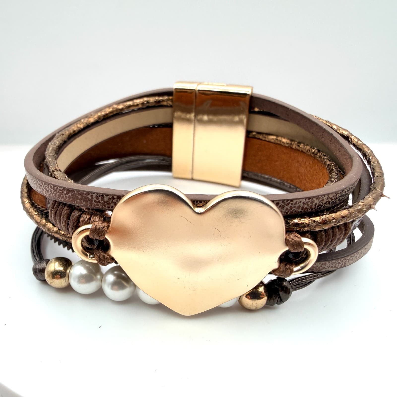 Modern Rose Gold Tone Multi Strand Leather Wrap Bracelet Heart Faux Pearl Boho