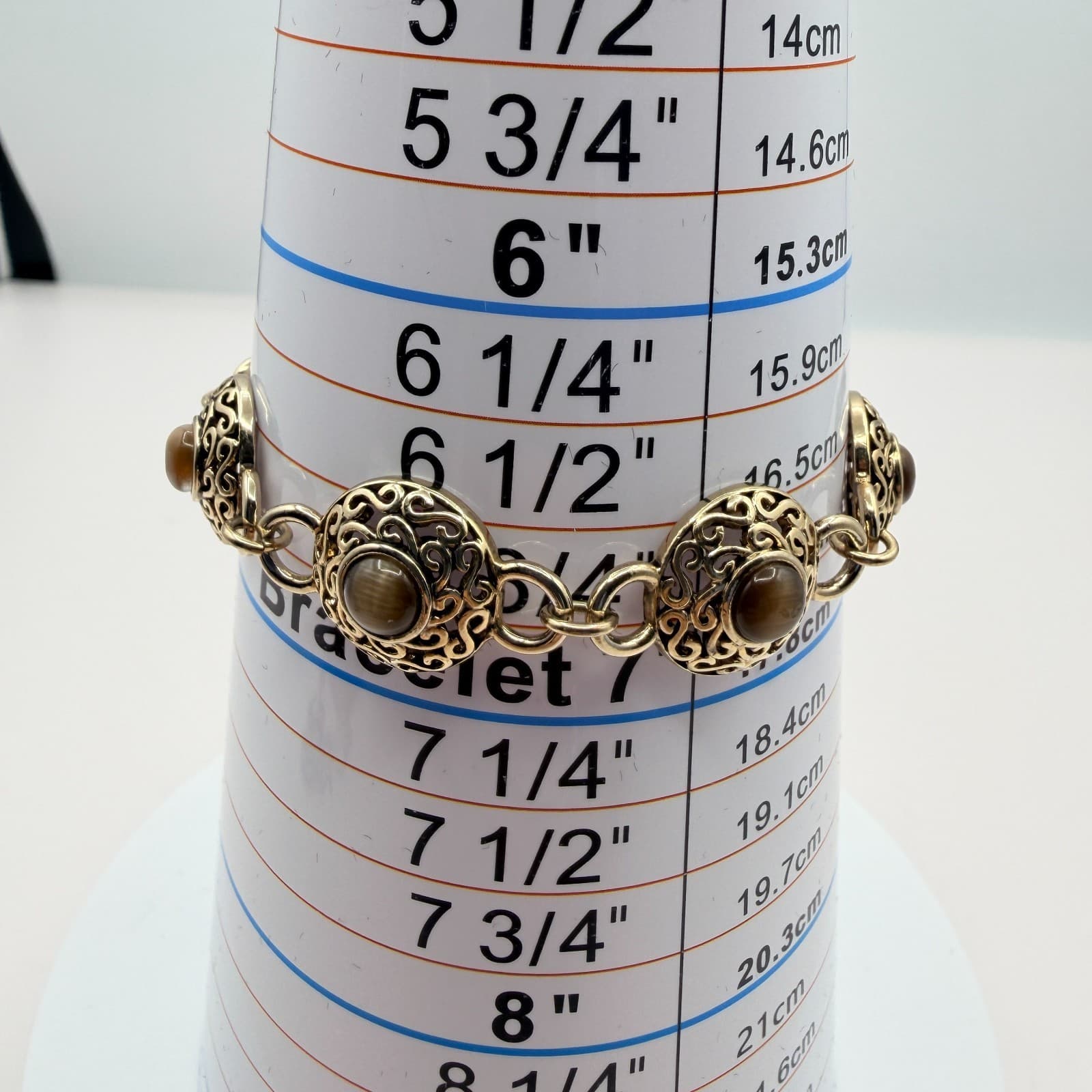 Vintage Gold Tone Chunky Medallion Link Bracelet Cat Eye Stone Brown Boho Y2K - Thumbnail 10