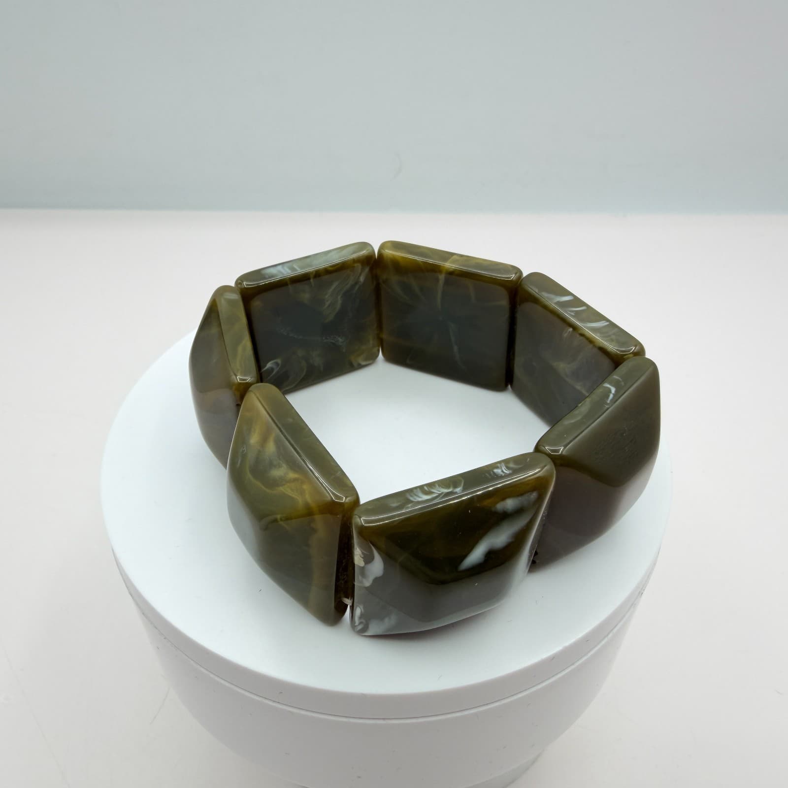 Vintage Chunky Square Panel Resin Stretch Bracelet Olive Green Marbled Boho 90s - Thumbnail 3