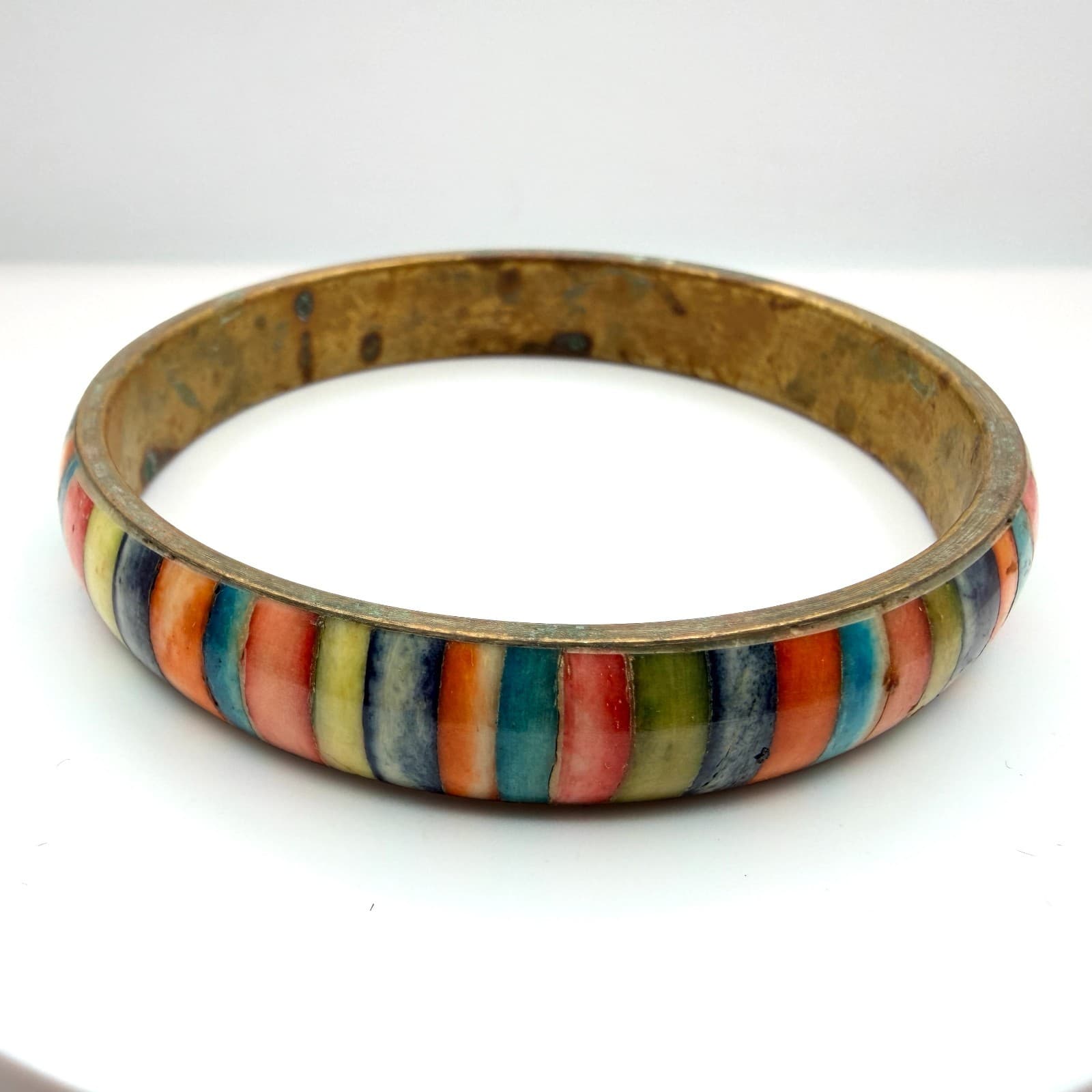 Vintage Gold Tone Chunky Bangle Bracelet Multicolor Inlaid Striped Boho Retro