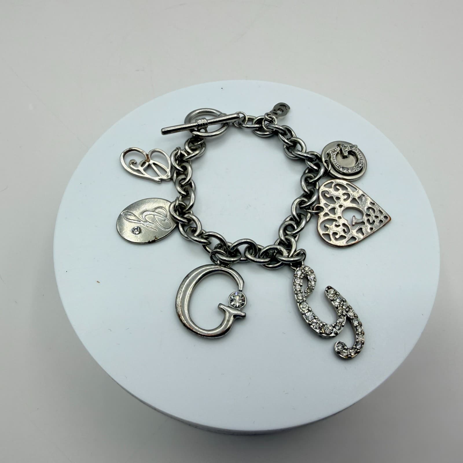 Vintage Silver Tone Chunky Link Charm Bracelet Crystal Rhinestone Filigree Heart - Thumbnail 4