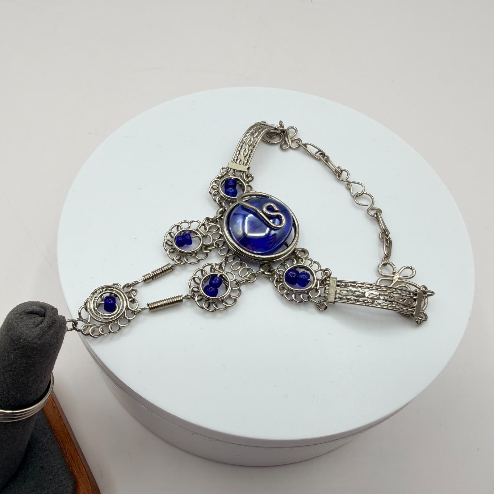 Vintage Silver Tone Slave Bracelet Ring Set Blue Cabochon Stone Boho Filigree - Thumbnail 9