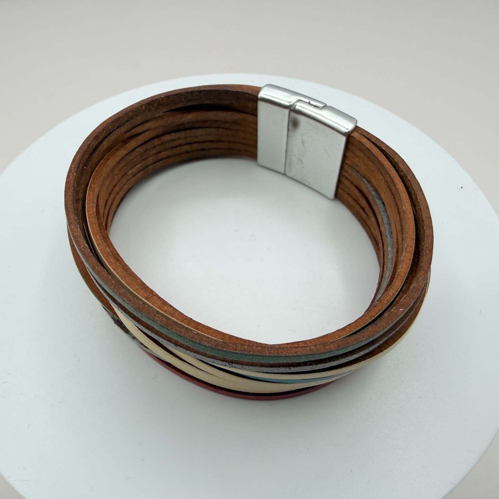 Vintage Multi Strand Leather Wrap Cuff Bracelet Magnetic Clasp Boho Multicolor - Thumbnail 4