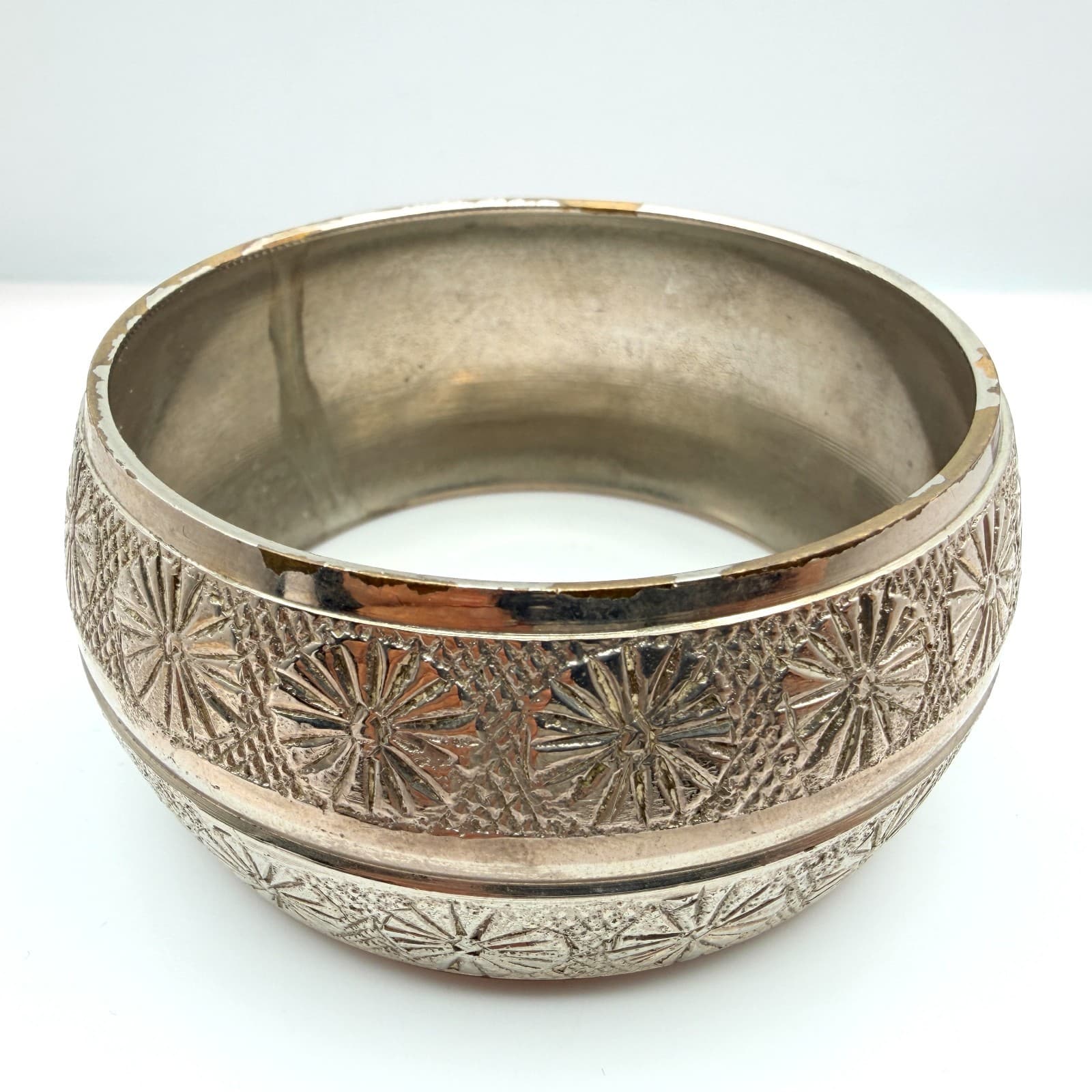 Vintage Silver Tone Wide Bangle Bracelet Etched Starburst Floral Geometric Boho