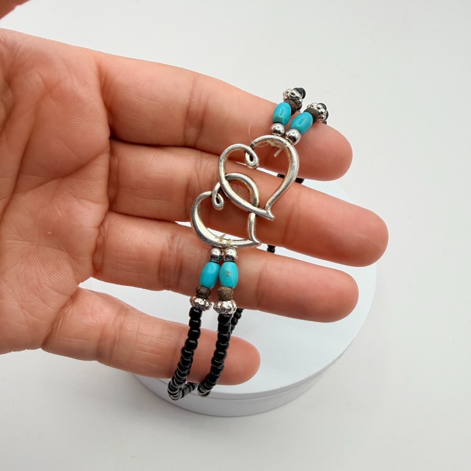 Vintage Silver Tone Multi Strand Seed Bead Bracelet Double Heart Turquoise Color - Thumbnail 8