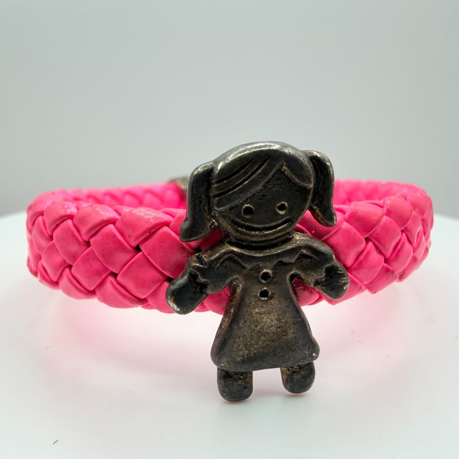 Vintage Silver Tone Pink Braided Leather Charm Bracelet Girl Figure Hook Clasp - Thumbnail 2