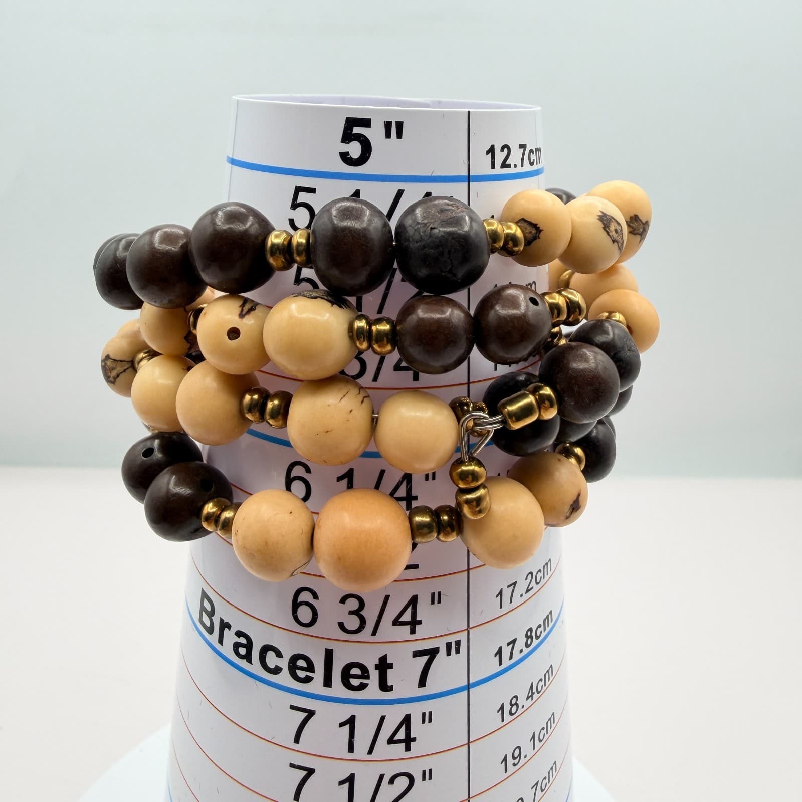 Vintage Multi Layer Wrap Bead Bracelet Brown Cream Wooden Seed Spacer Boho 90s - Thumbnail 8