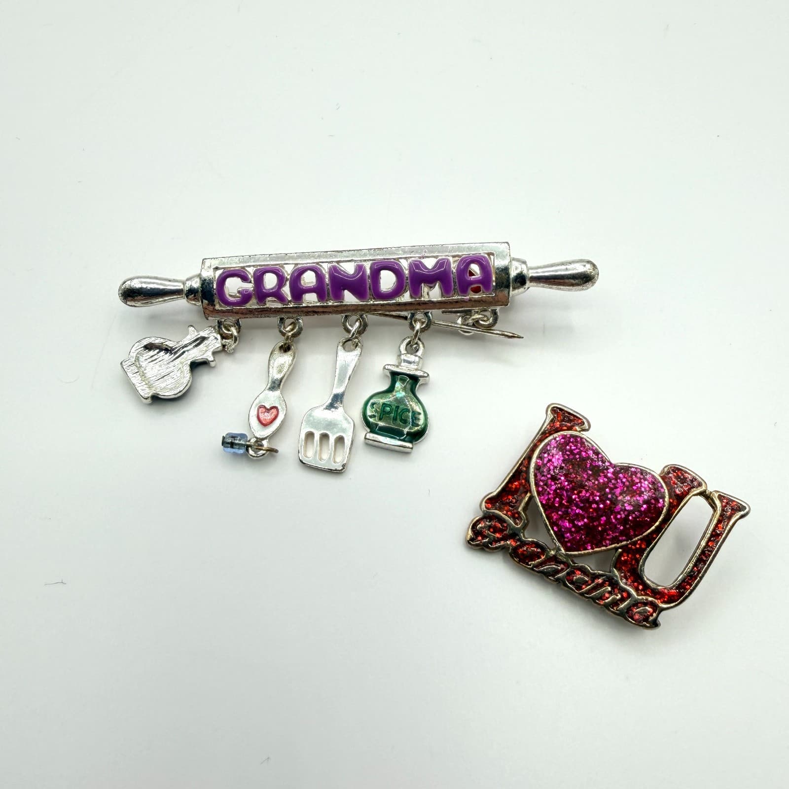 Vintage Silver Tone Grandma Brooch Pin Lot 2pc Rolling Pin Kitchen Love Charms
