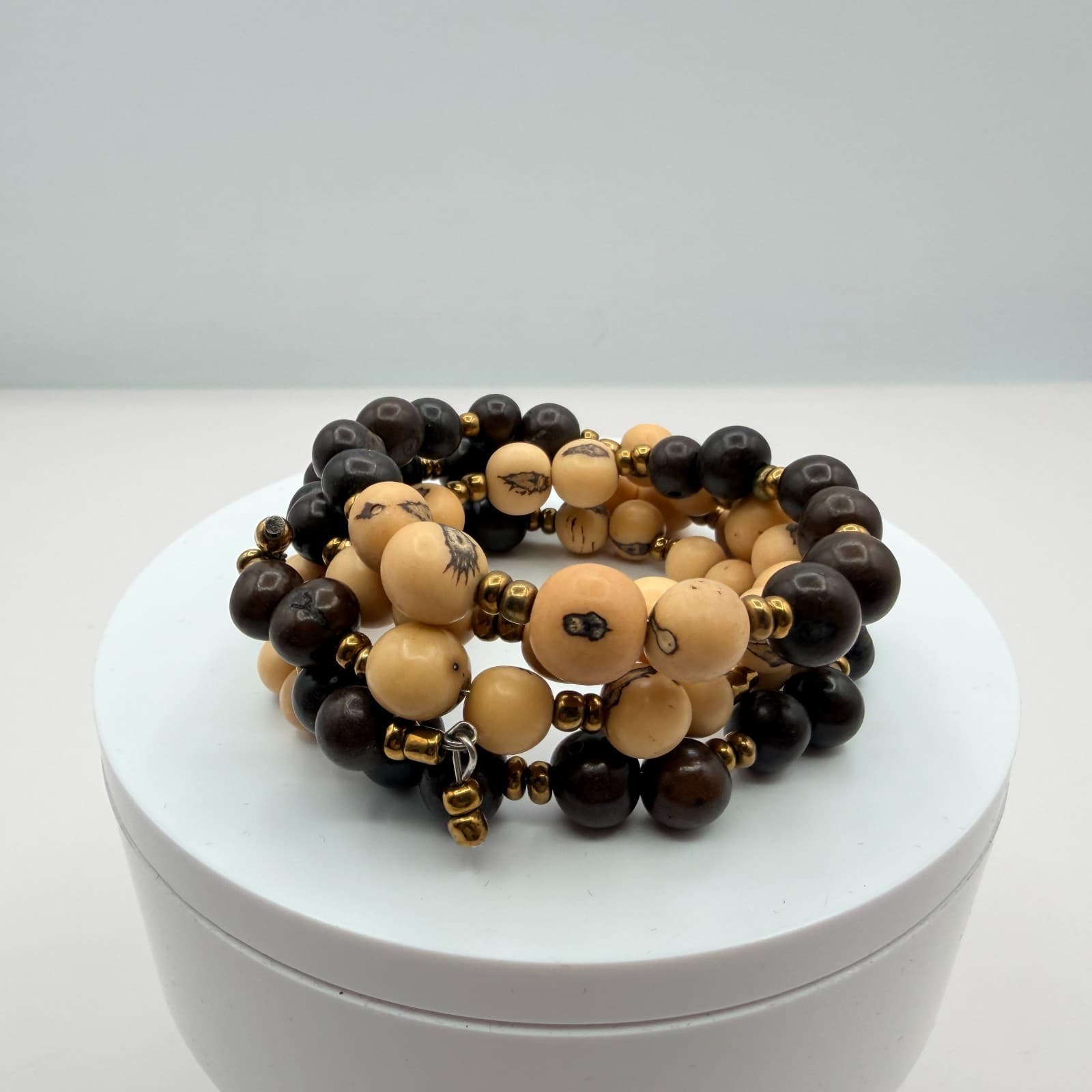 Vintage Multi Layer Wrap Bead Bracelet Brown Cream Wooden Seed Spacer Boho 90s - Thumbnail 4