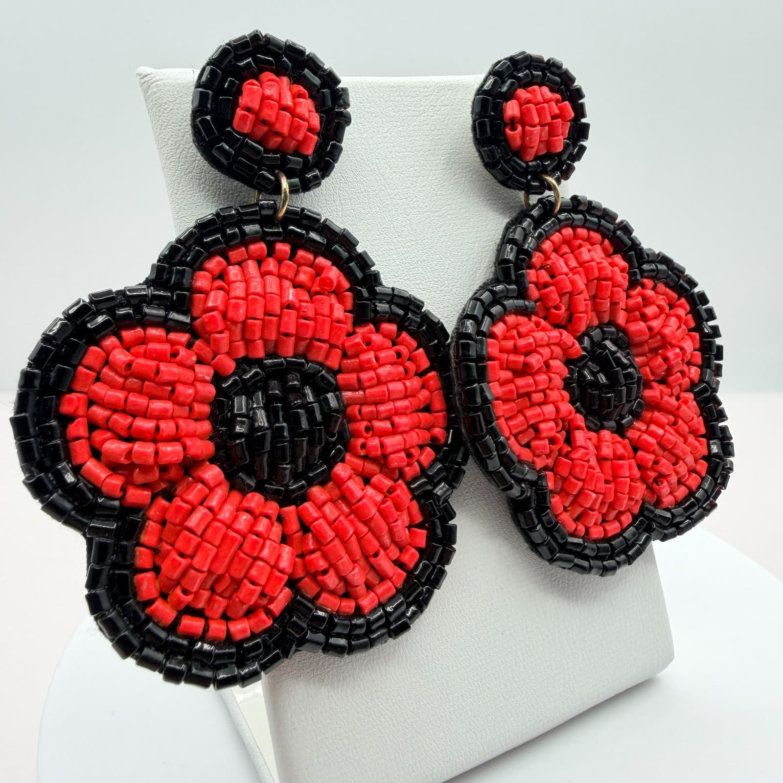 Vintage Beaded Flower Drop Earrings Lot 2 Pairs Red Blue Black Seed Bead Floral - Thumbnail 8