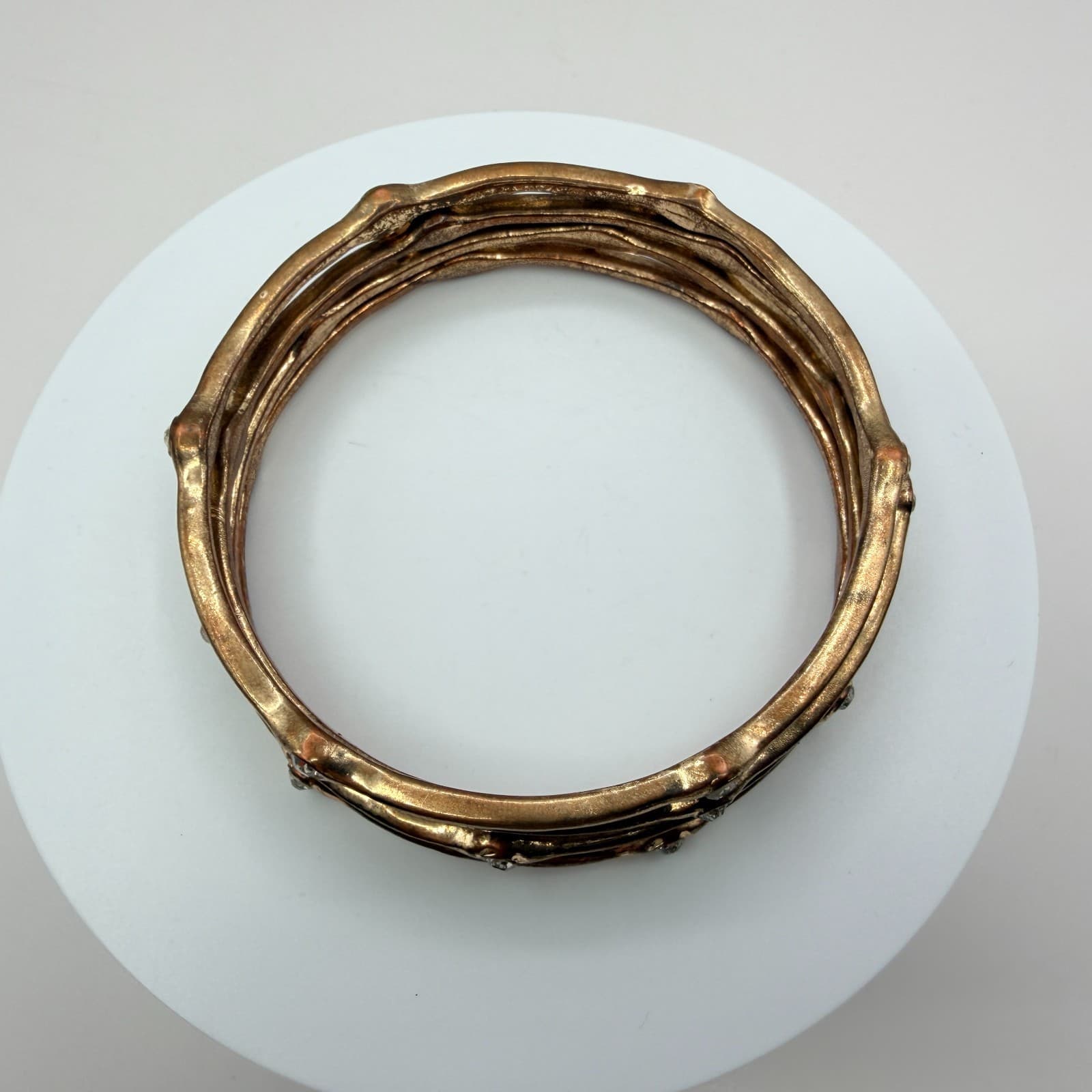 Vintage Gold Tone Textured Wavy Bangle Bracelet Lot 4pc Rhinestone Organic Stack - Thumbnail 4