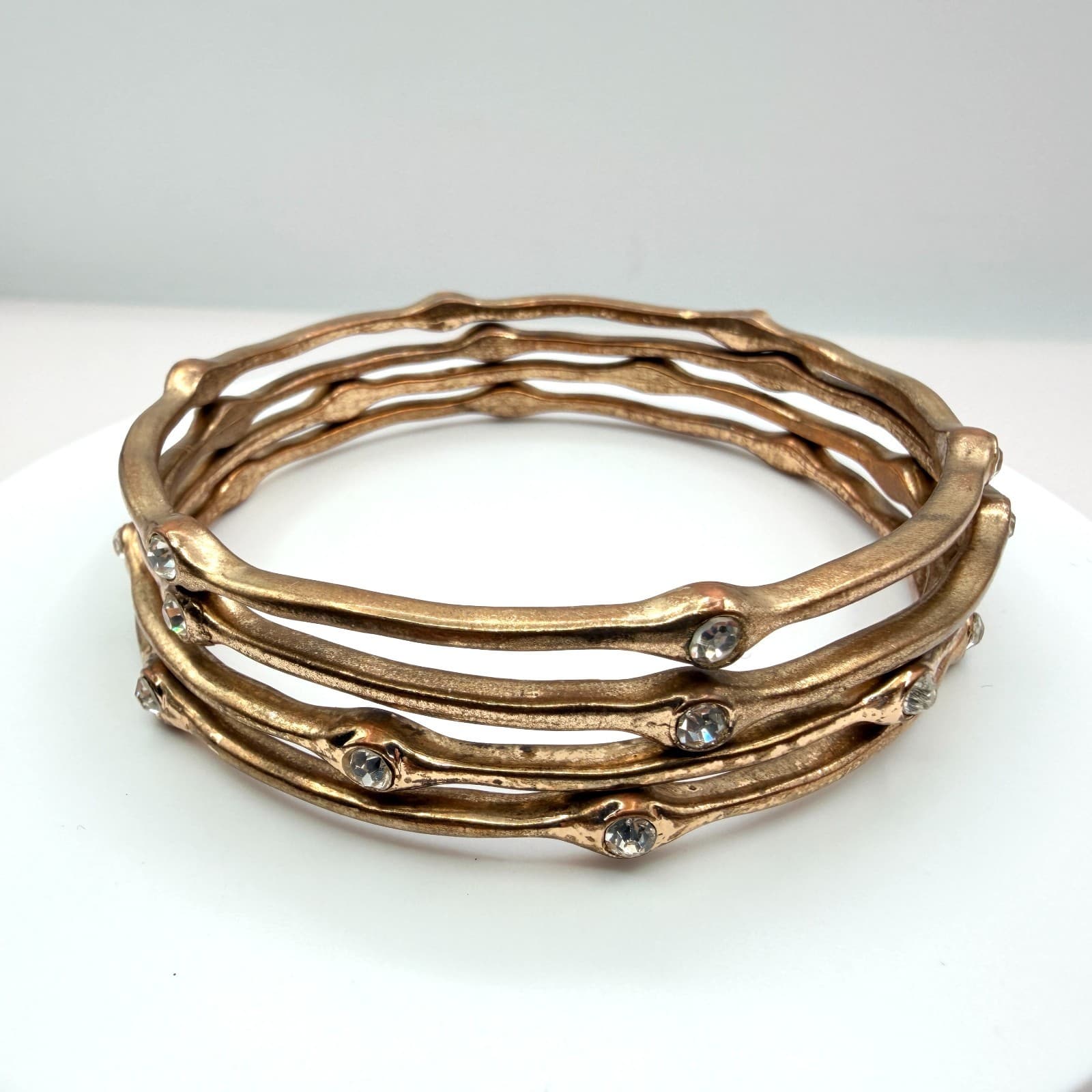 Vintage Gold Tone Textured Wavy Bangle Bracelet Lot 4pc Rhinestone Organic Stack