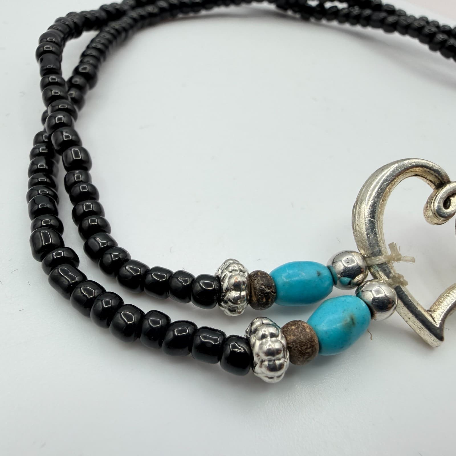 Vintage Silver Tone Multi Strand Seed Bead Bracelet Double Heart Turquoise Color - Thumbnail 5
