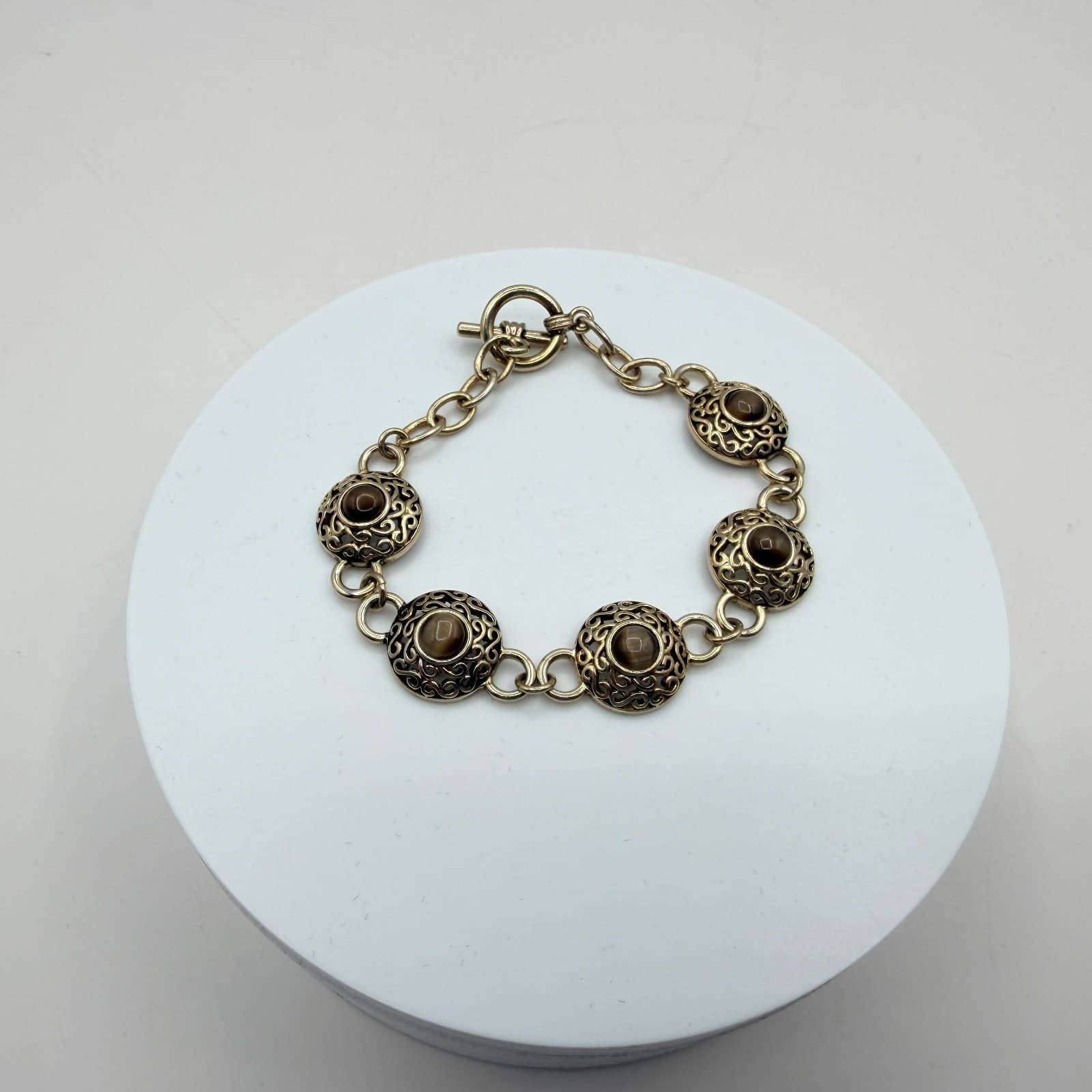 Vintage Gold Tone Chunky Medallion Link Bracelet Cat Eye Stone Brown Boho Y2K - Thumbnail 2