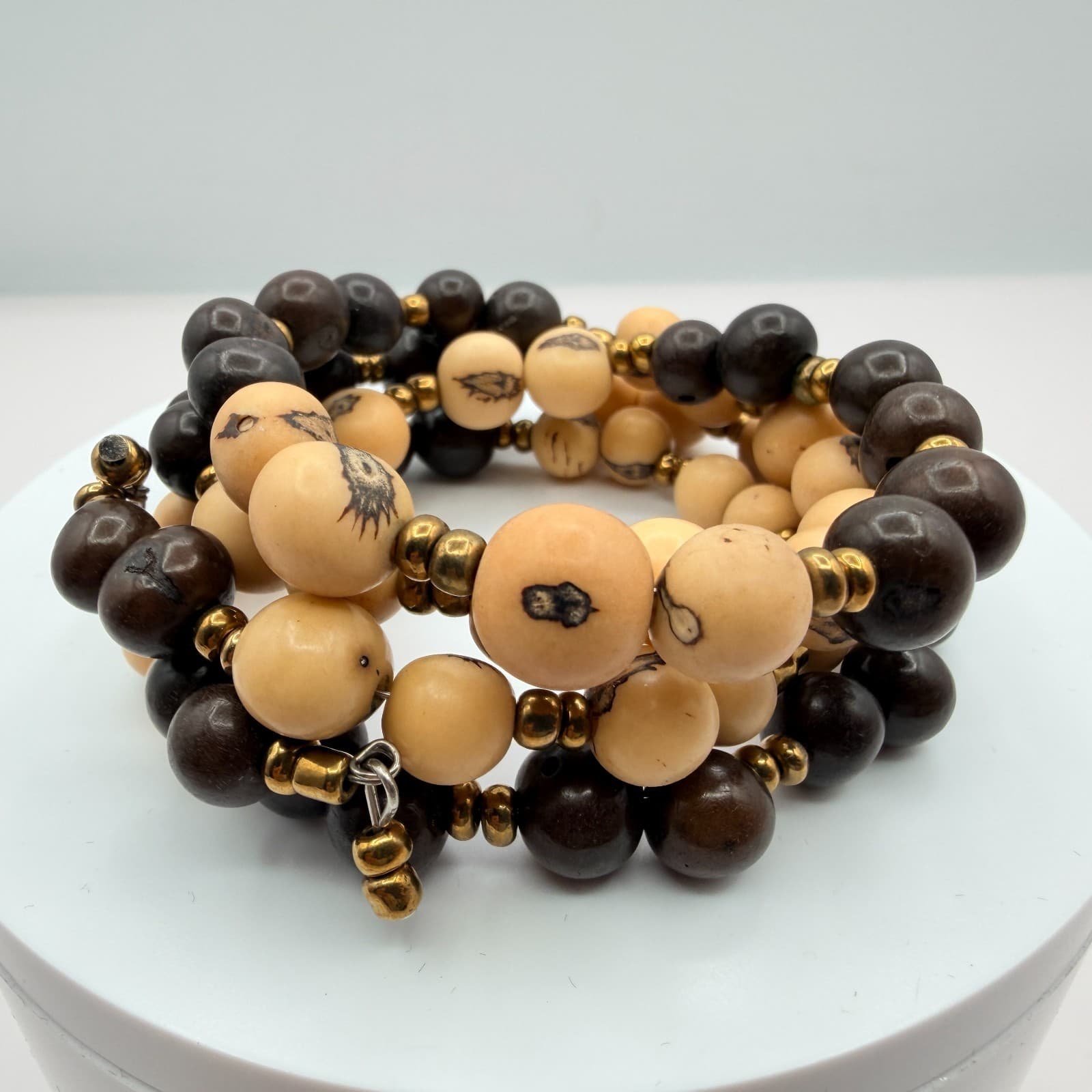 Vintage Multi Layer Wrap Bead Bracelet Brown Cream Wooden Seed Spacer Boho 90s - Thumbnail 6
