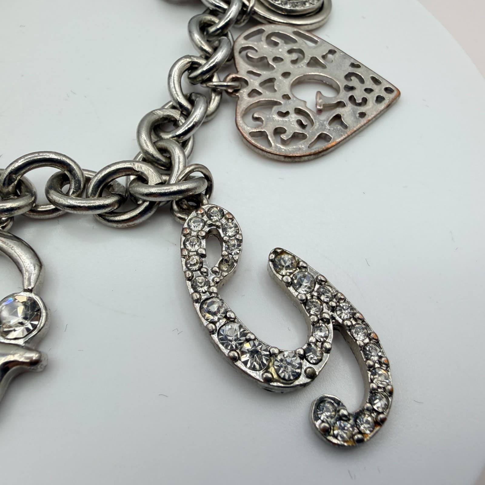 Vintage Silver Tone Chunky Link Charm Bracelet Crystal Rhinestone Filigree Heart - Thumbnail 8