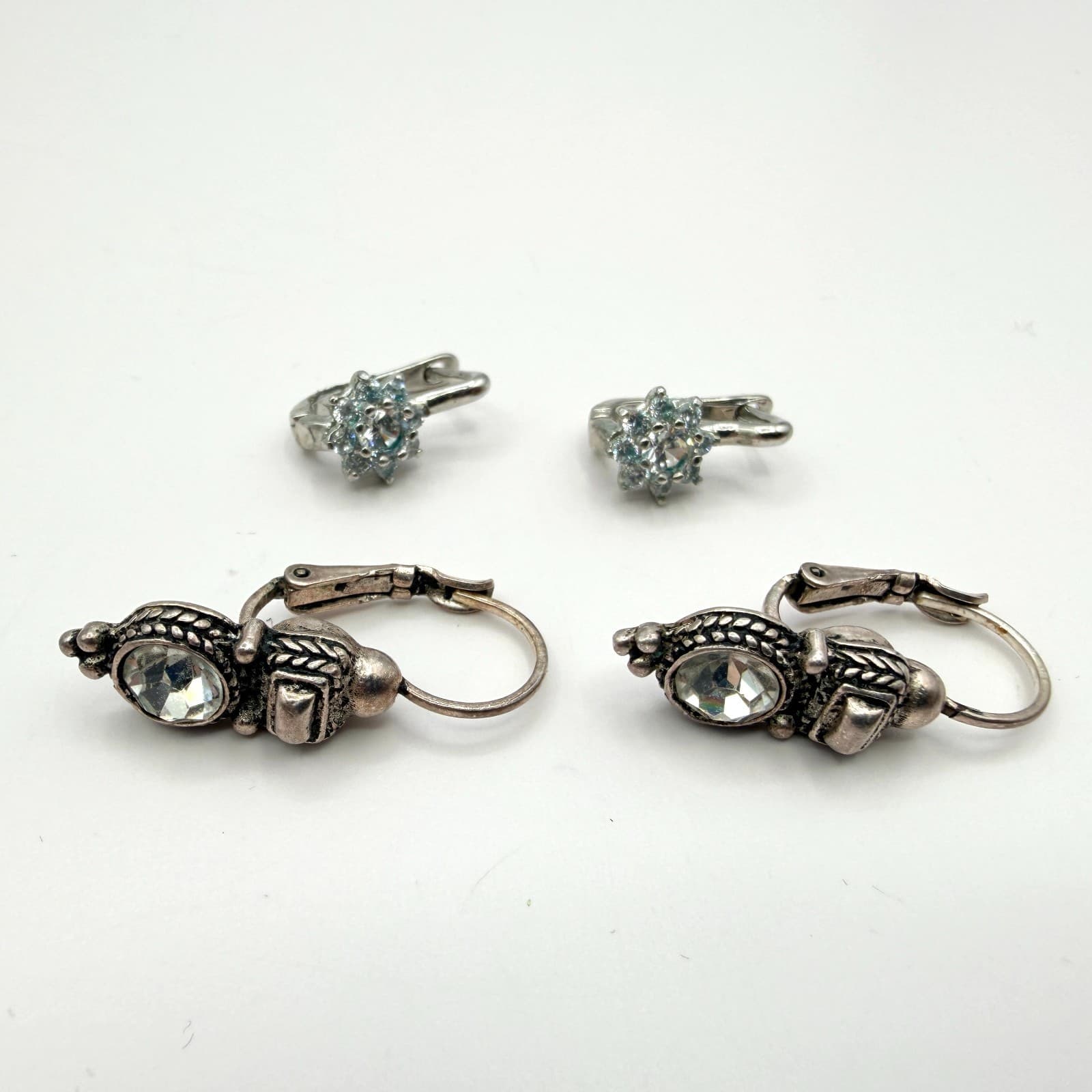 Vintage Silver Tone Leverback Huggie Earrings Lot 2 Pairs Rhinestone Flower 90s