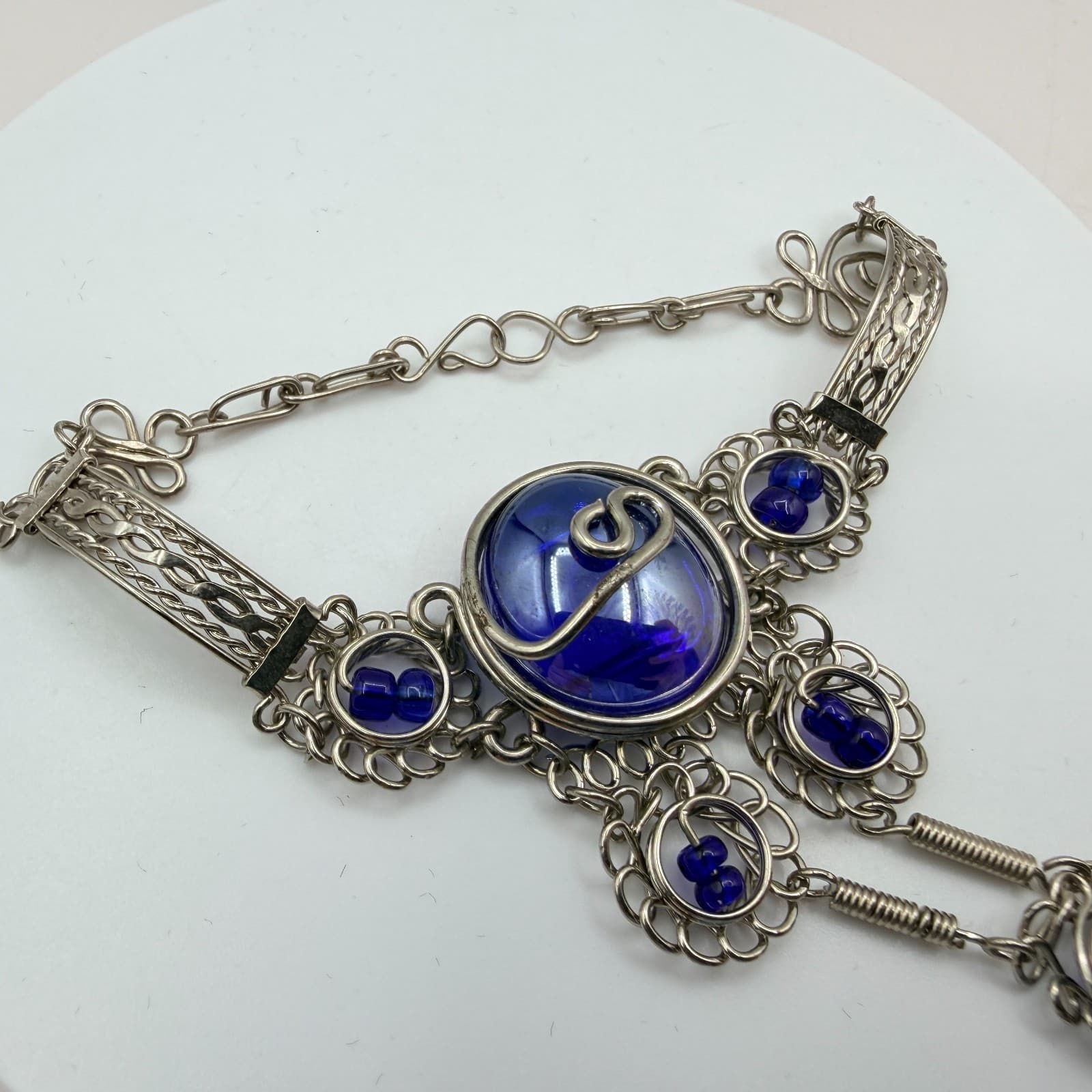 Vintage Silver Tone Slave Bracelet Ring Set Blue Cabochon Stone Boho Filigree - Thumbnail 12