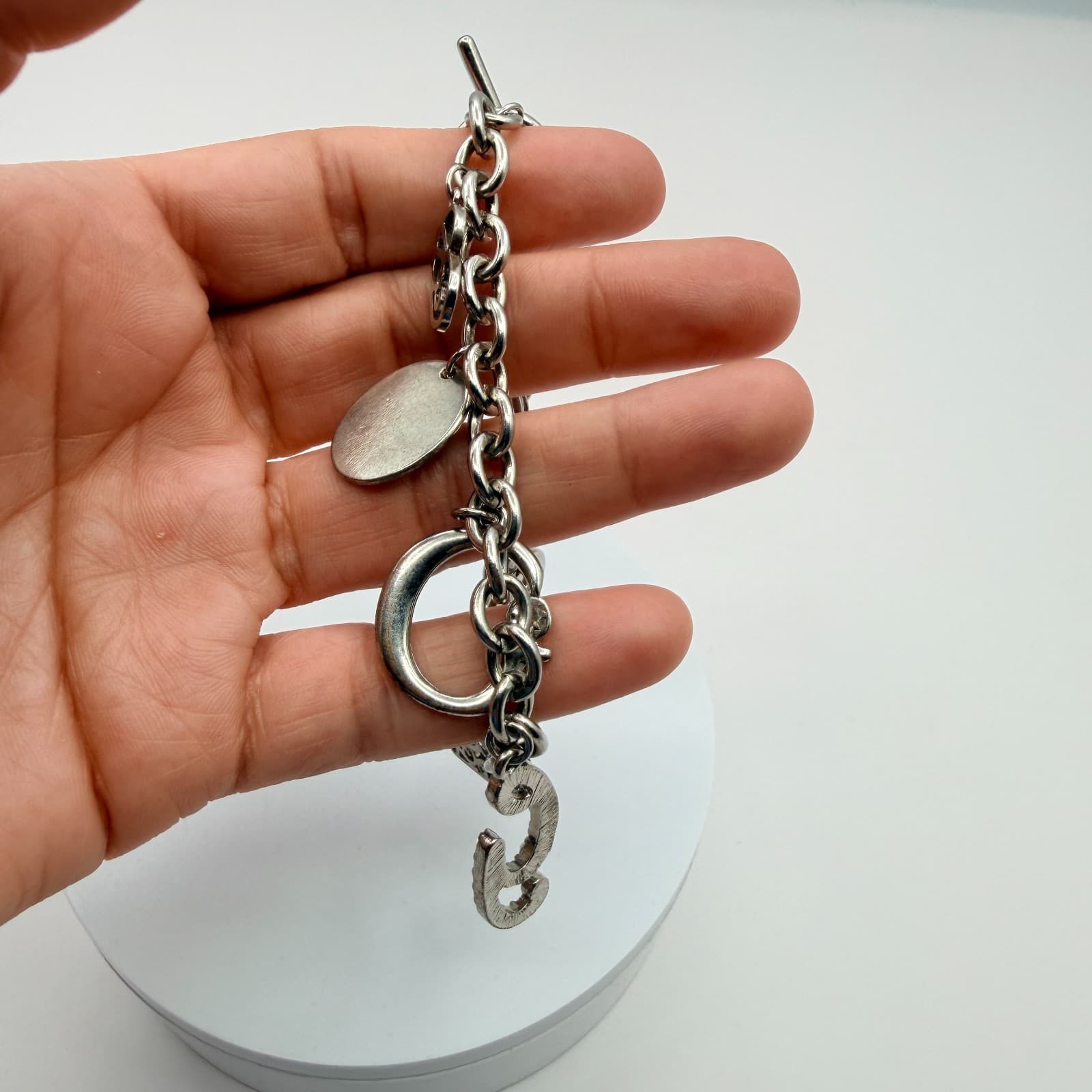 Vintage Silver Tone Chunky Link Charm Bracelet Crystal Rhinestone Filigree Heart - Thumbnail 11