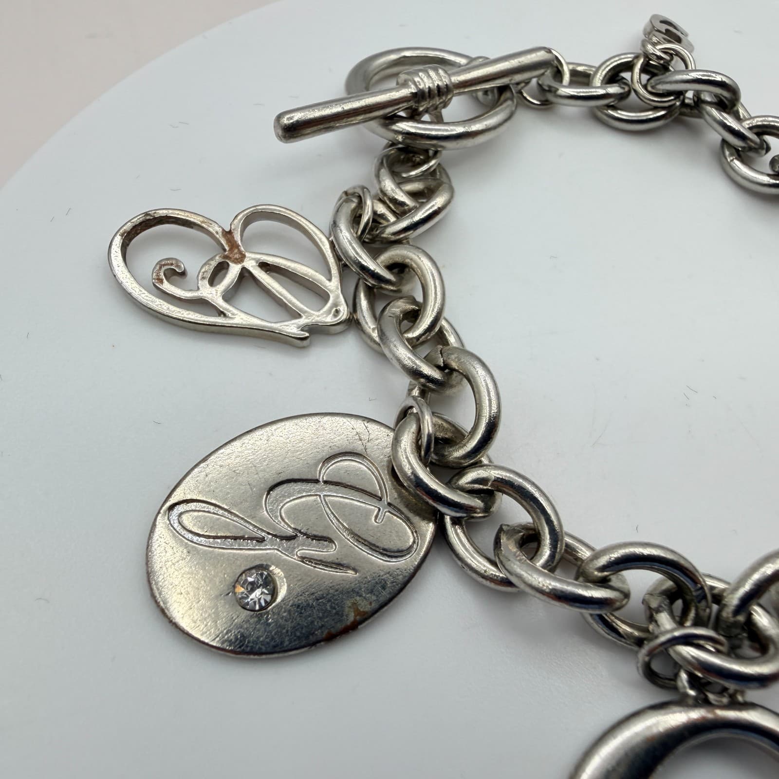 Vintage Silver Tone Chunky Link Charm Bracelet Crystal Rhinestone Filigree Heart - Thumbnail 7