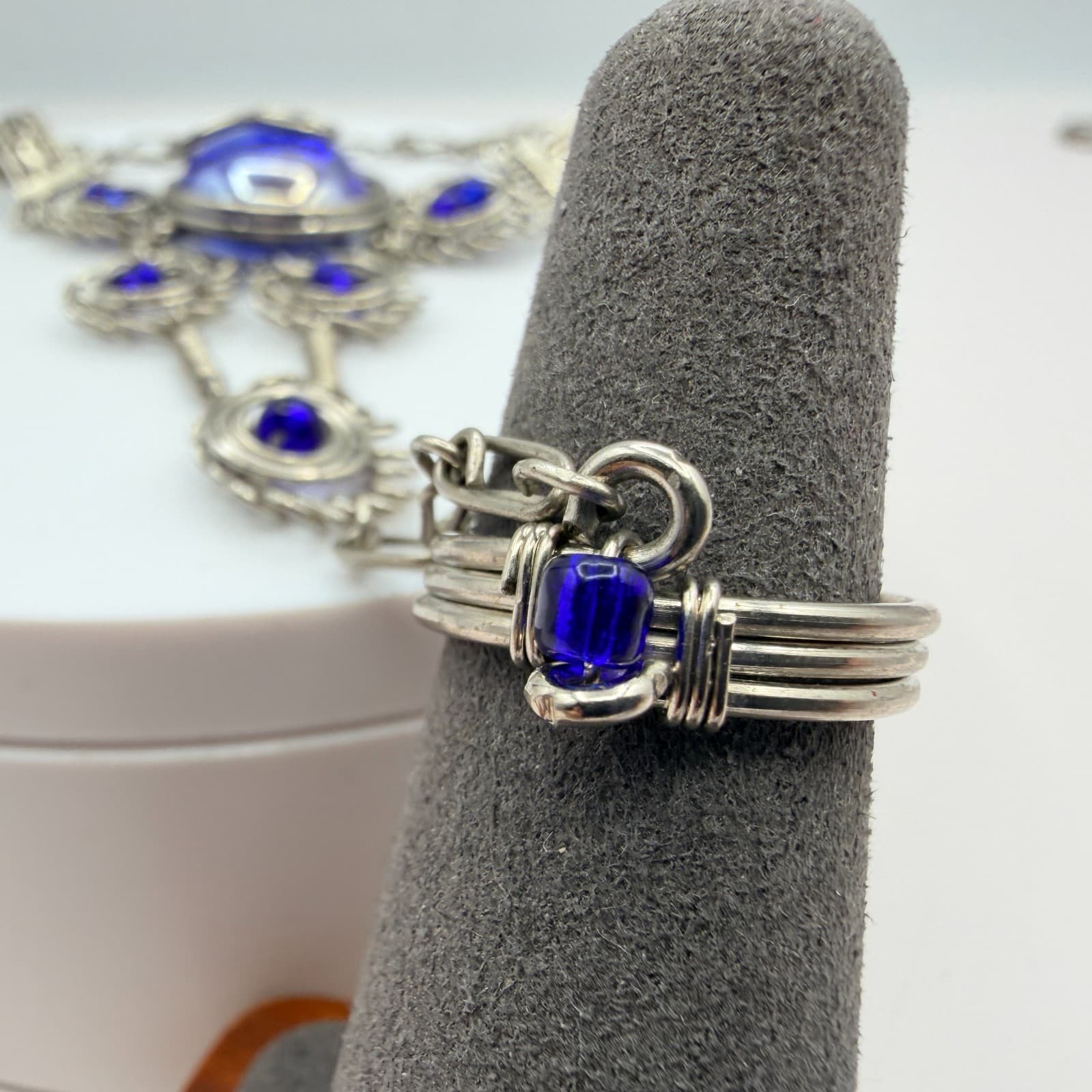 Vintage Silver Tone Slave Bracelet Ring Set Blue Cabochon Stone Boho Filigree - Thumbnail 4