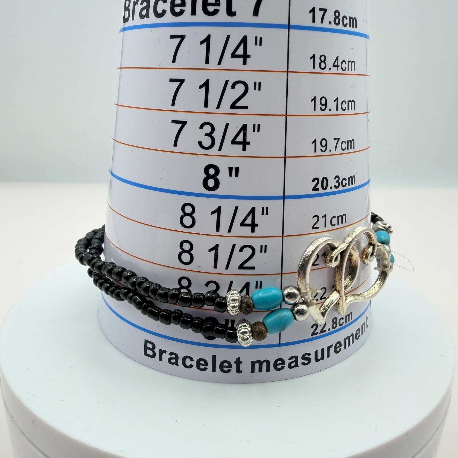 Vintage Silver Tone Multi Strand Seed Bead Bracelet Double Heart Turquoise Color - Thumbnail 9