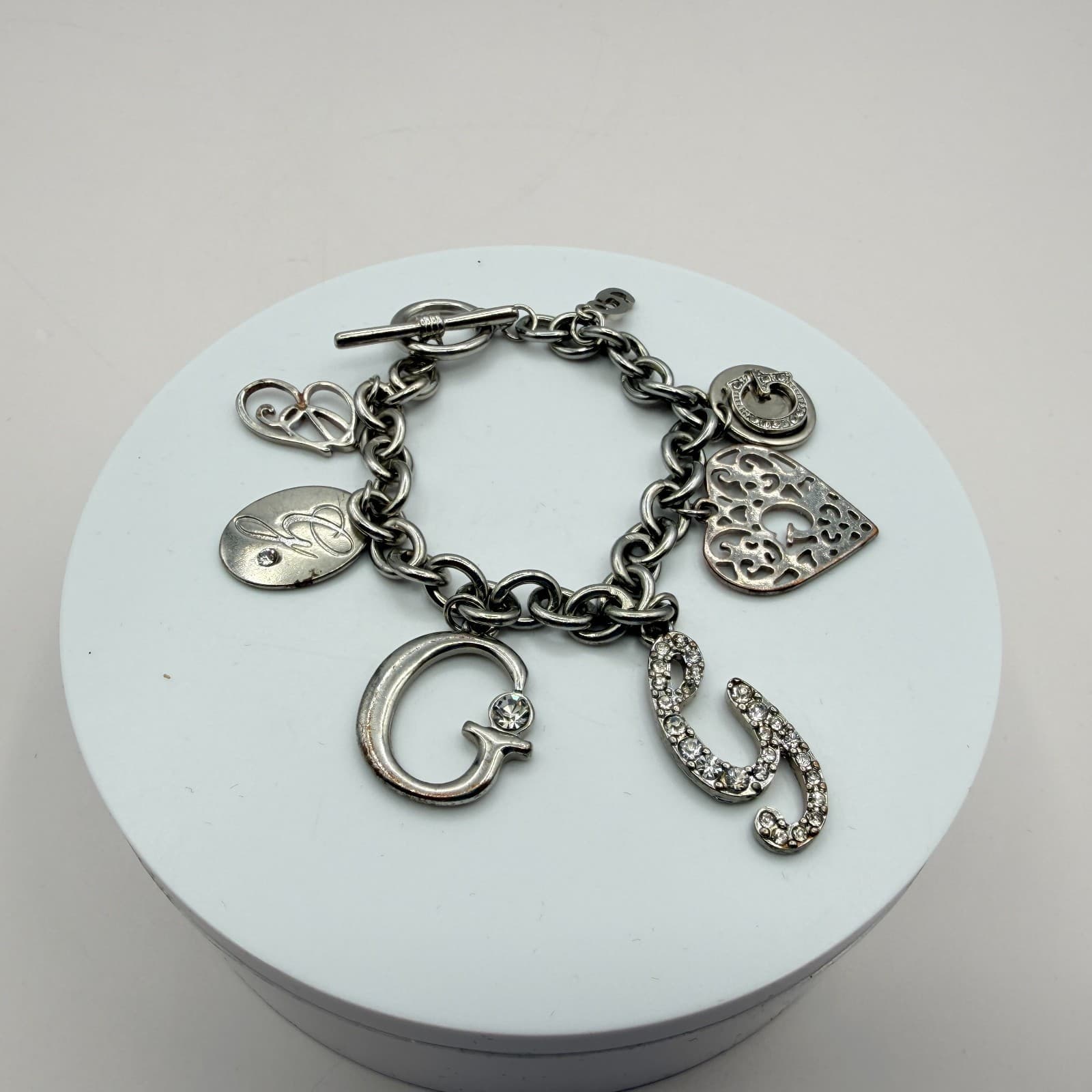 Vintage Silver Tone Chunky Link Charm Bracelet Crystal Rhinestone Filigree Heart - Thumbnail 10